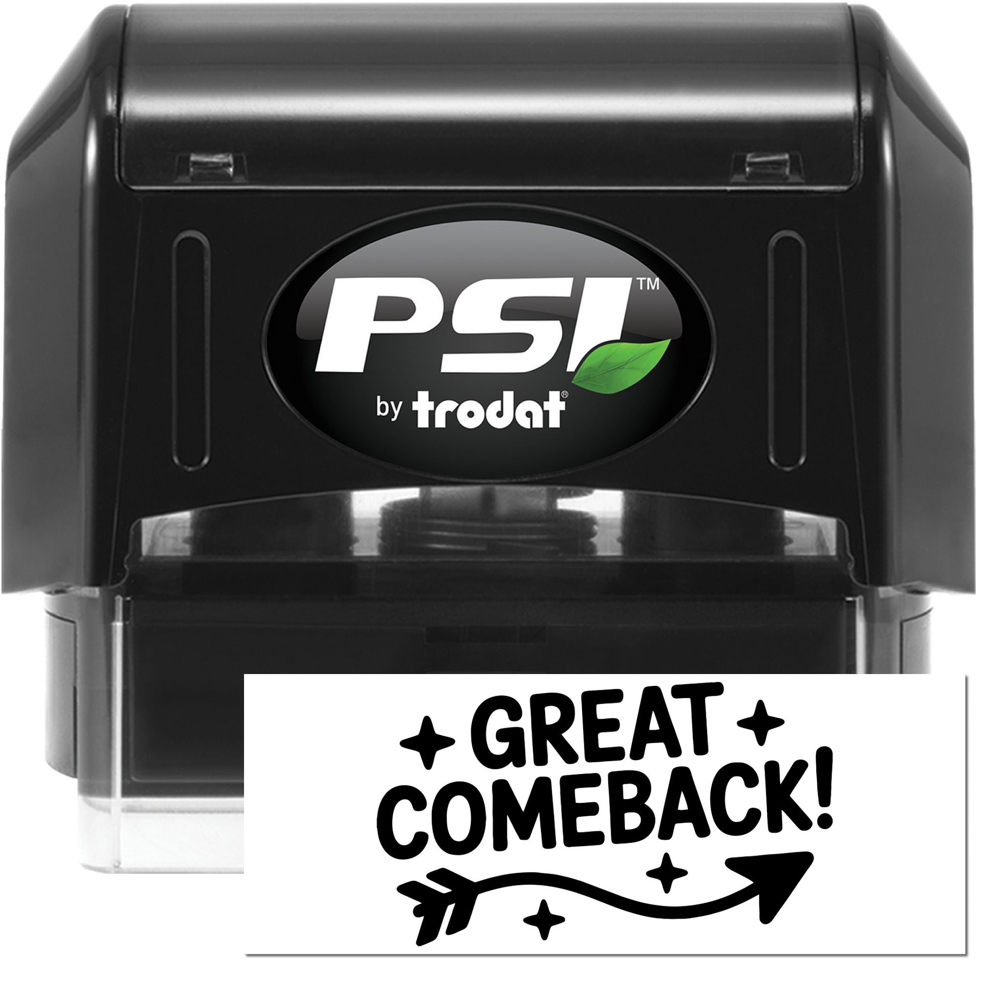 PSI by Trodat self-inking rubber stamp with Great Comeback! arrow impression for motivational office or award use.