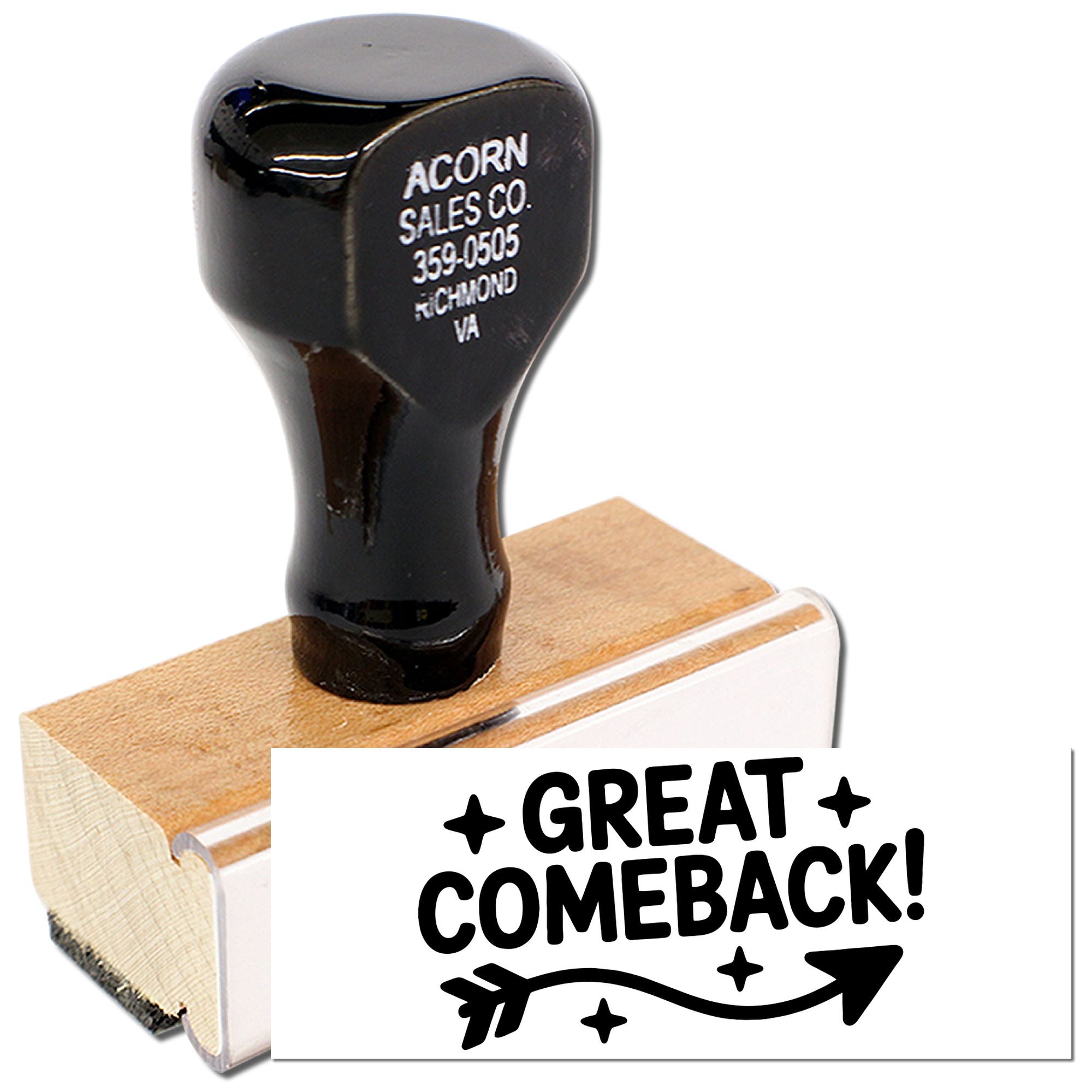 Custom rubber stamp with Great Comeback! design for motivational notes, awards, or classroom encouragement.