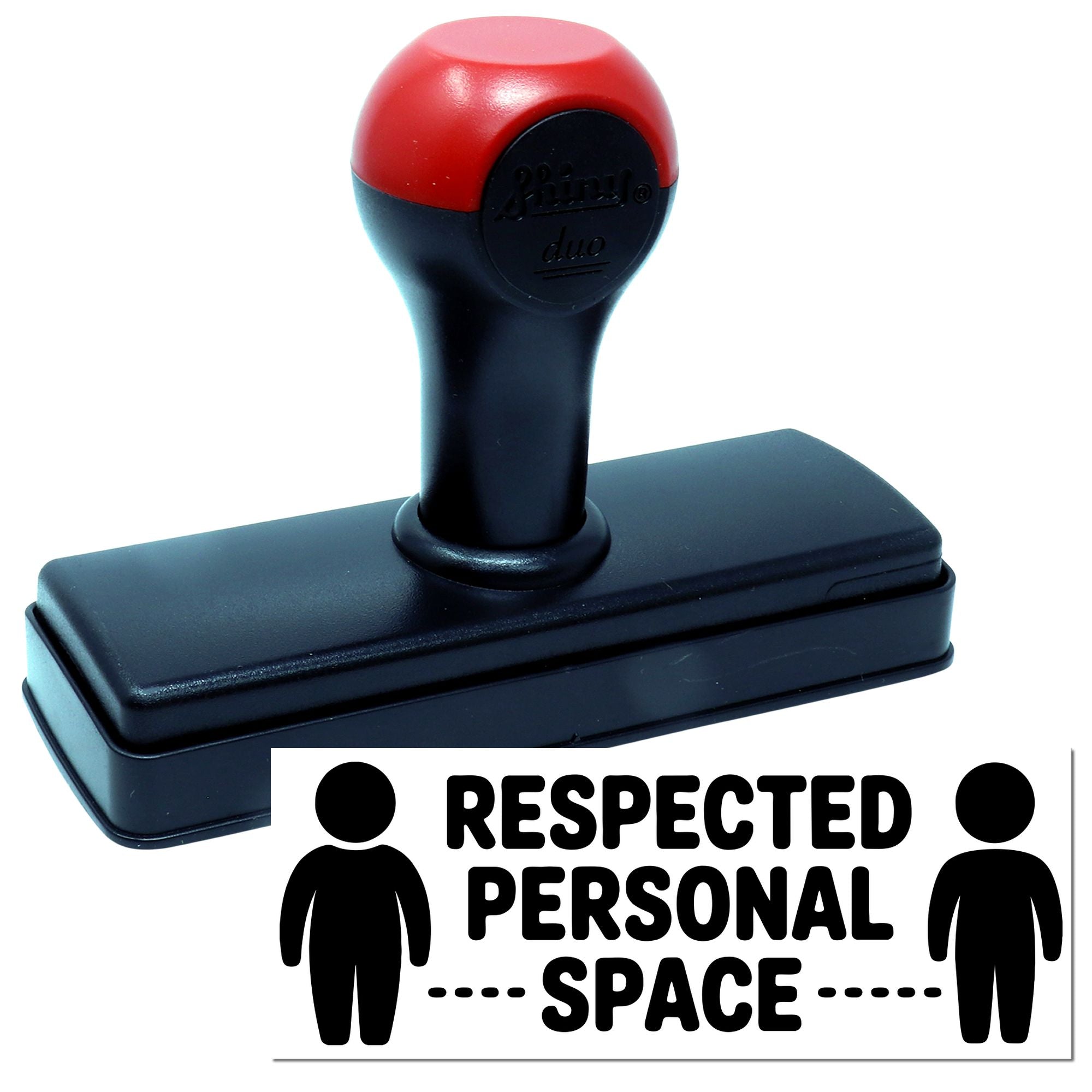 Self-inking rubber stamp with Respected Personal Space impression for social distancing messages.