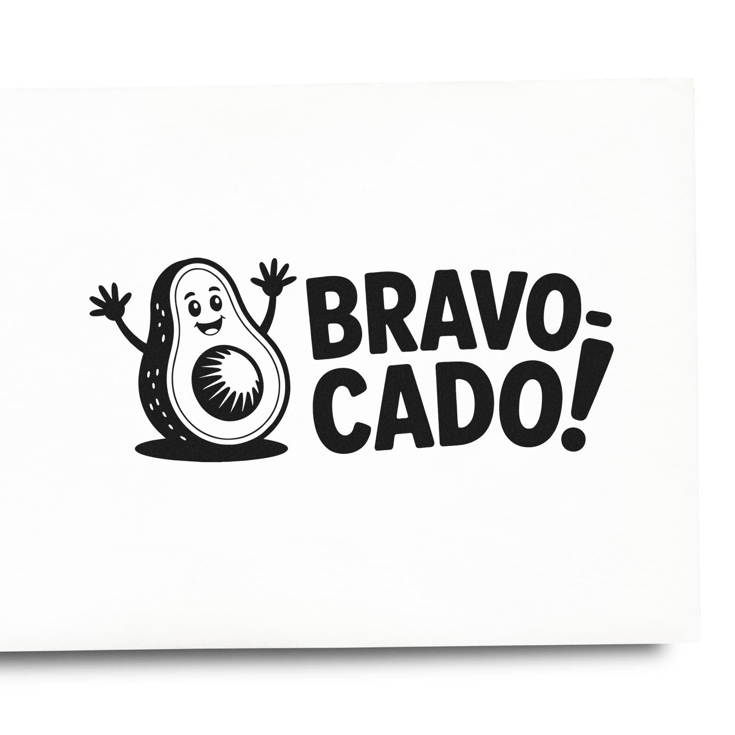 Bravo Cado avocado rubber stamp design with cheerful avocado mascot and bold congratulatory text for cards, crafts, and packaging.