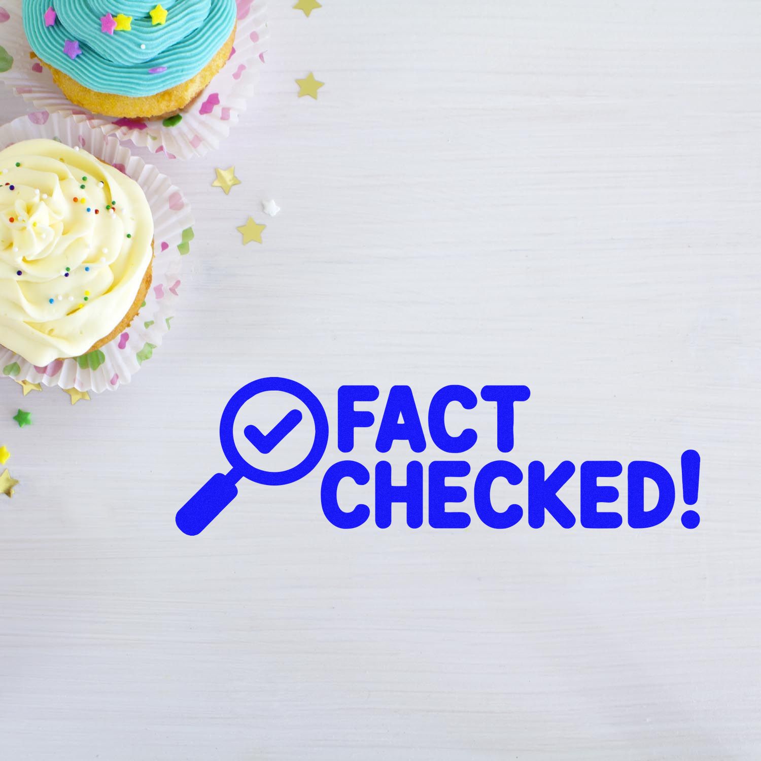 Fact Checked rubber stamp with magnifying glass icon, perfect for verifying documents, packaging, and quality control labels.