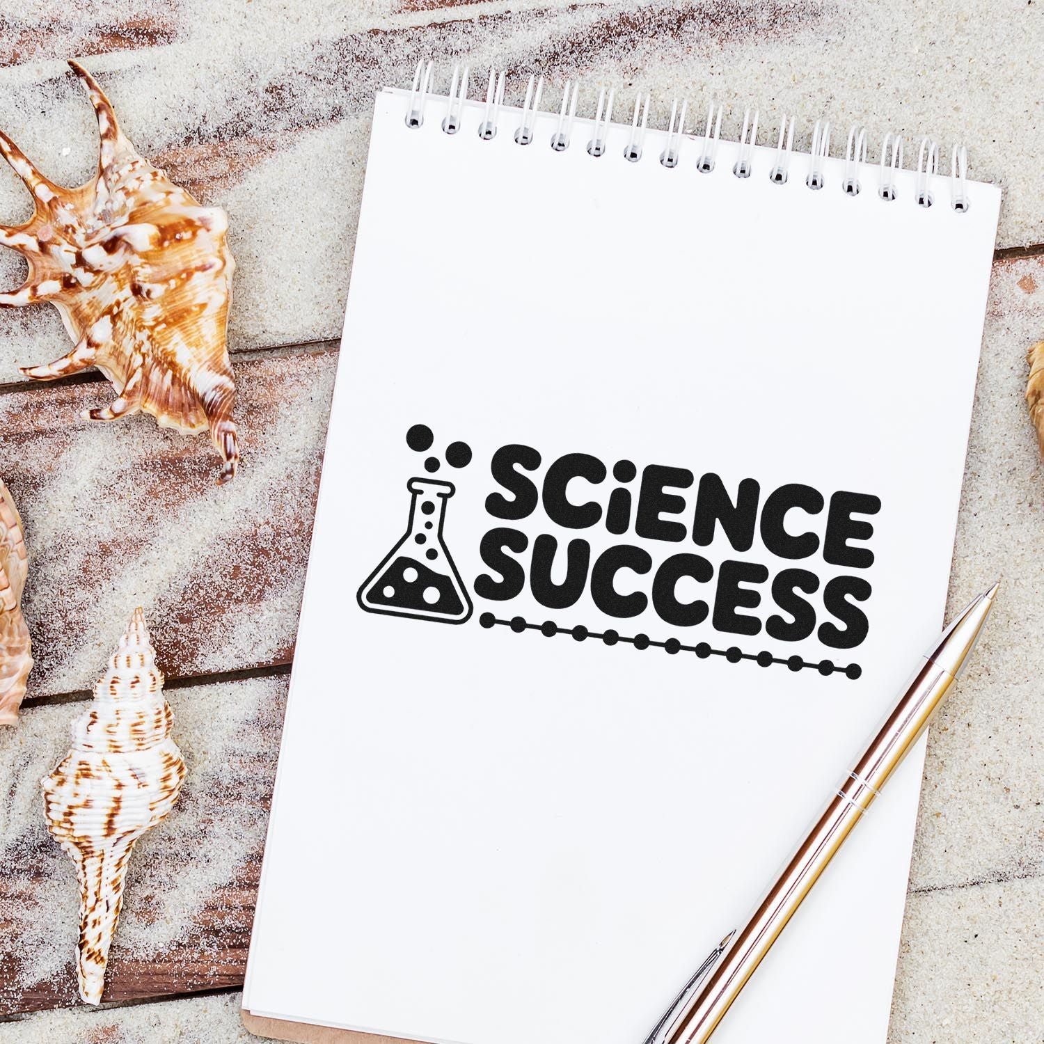 Science Success rubber stamp design on notebook with beaker icon, styled with seashells and pen for classroom or teacher crafts.