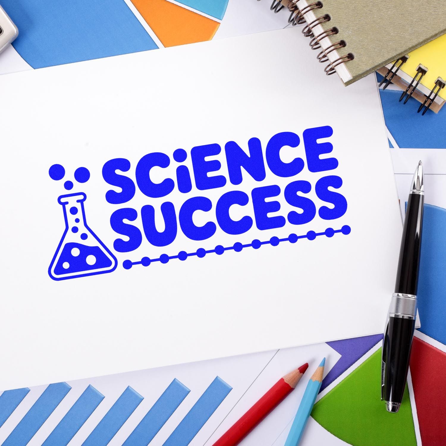 Science Success rubber stamp design with lab flask icon for classroom awards, science projects, and educational stationery.