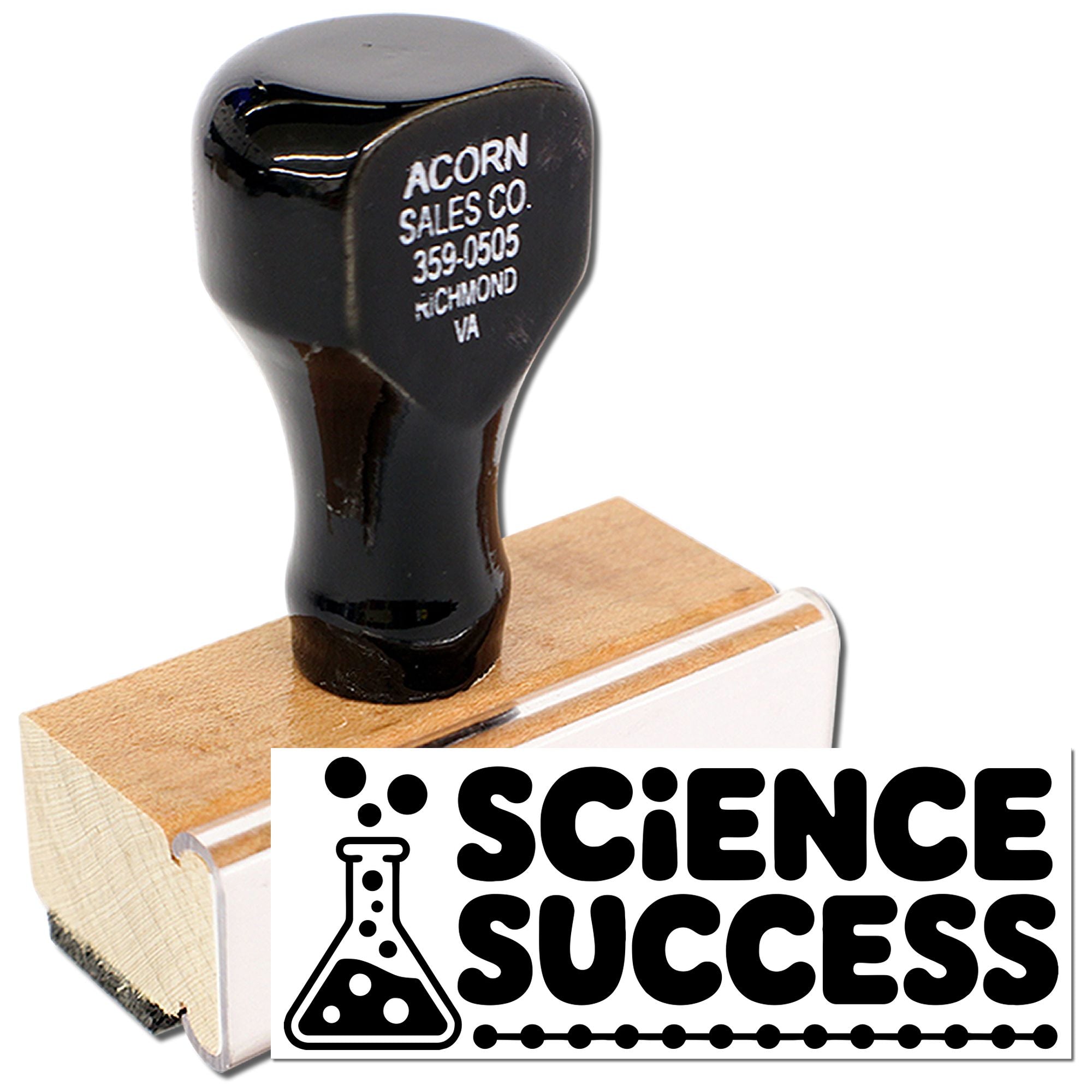 Science Success custom rubber stamp with lab flask icon for classroom rewards, science projects, and teacher marking.