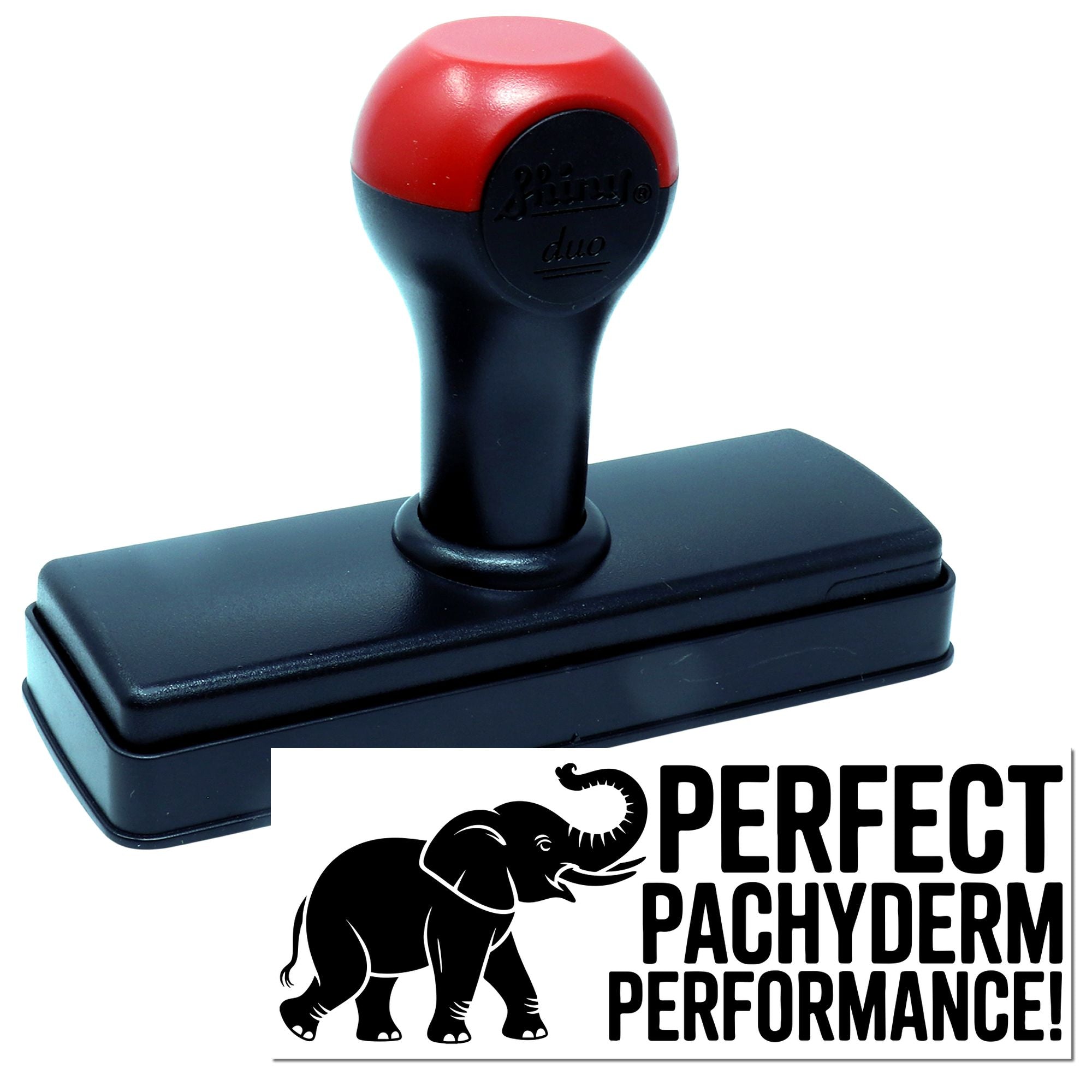 Custom self-inking rubber stamp with elephant design and Perfect Pachyderm Performance! slogan.
