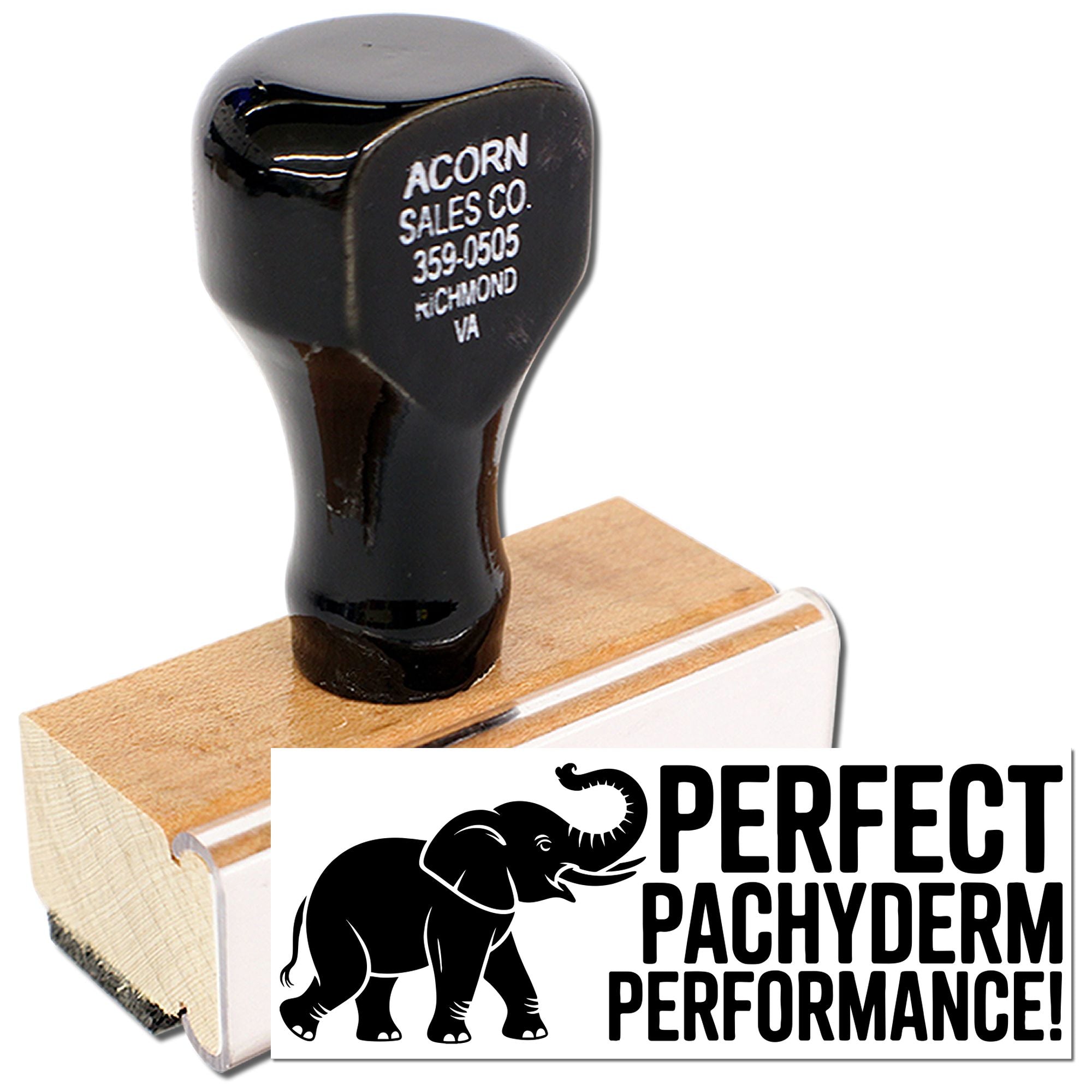 Wooden handle rubber stamp with elephant logo and Perfect Pachyderm Performance design for custom business branding.
