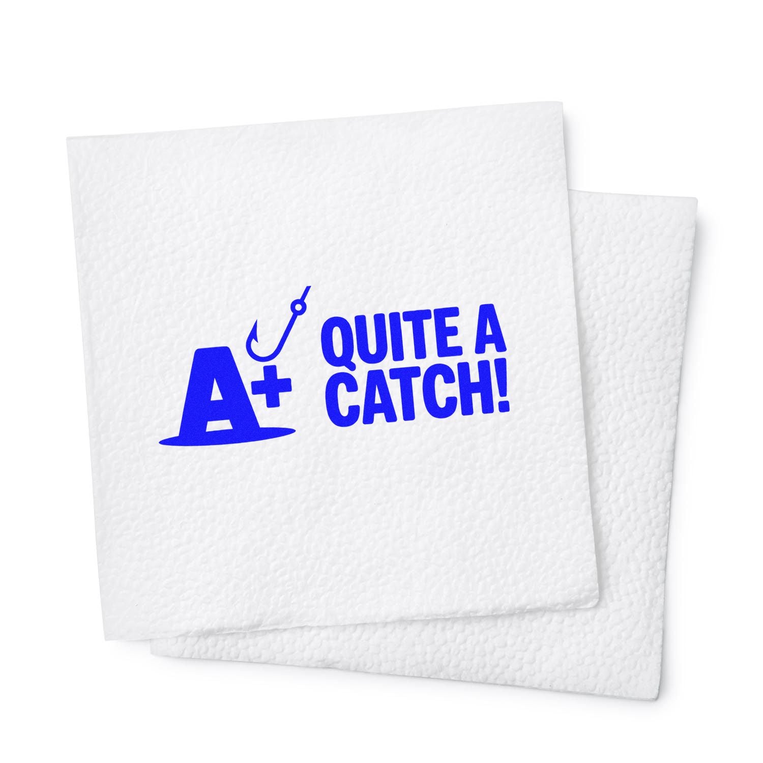 Fishing-themed rubber stamp design with A+ Quite a Catch! and hook icon for custom cards, labels, or teacher rewards.