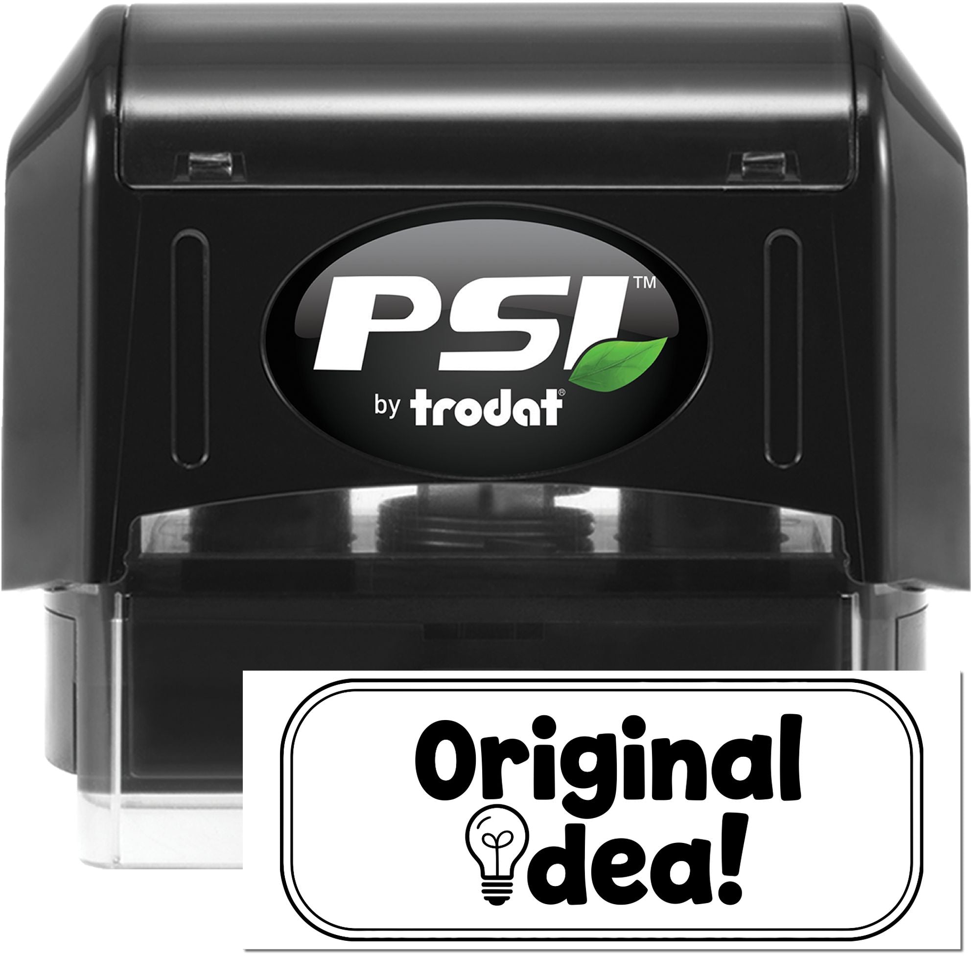 PSI by Trodat self-inking rubber stamp with Original idea! lightbulb imprint for custom branding.