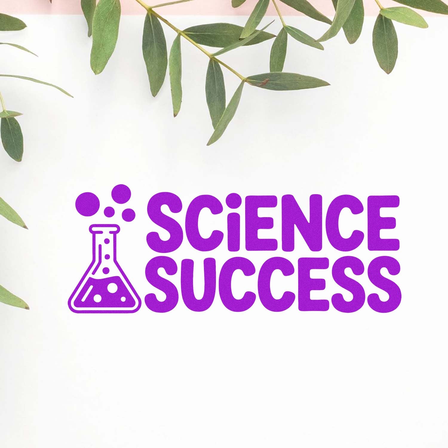Science Success rubber stamp design with purple flask icon, ideal for classroom awards, lab projects, and science-themed crafts.