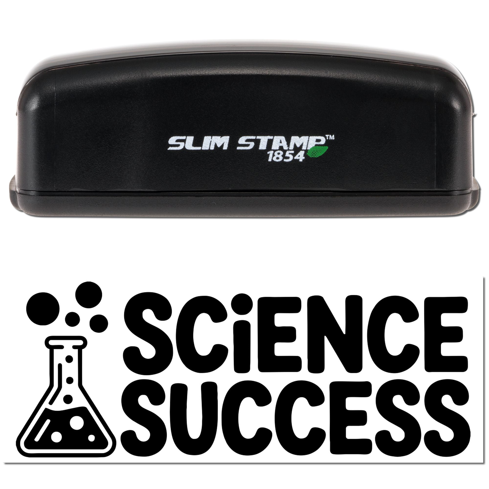 Slim Stamp 1854 Science Success rubber stamp with lab flask icon for classroom rewards, science projects, and teacher use.