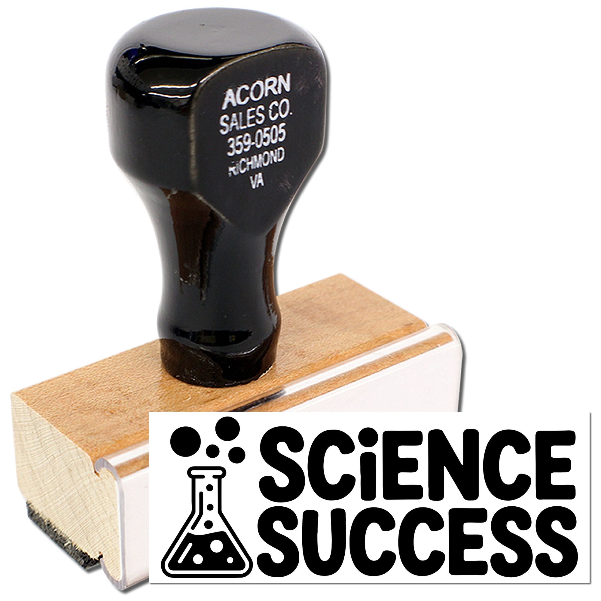 Custom science success rubber stamp with flask icon, ideal for classroom rewards, teachers, and STEM-themed projects.