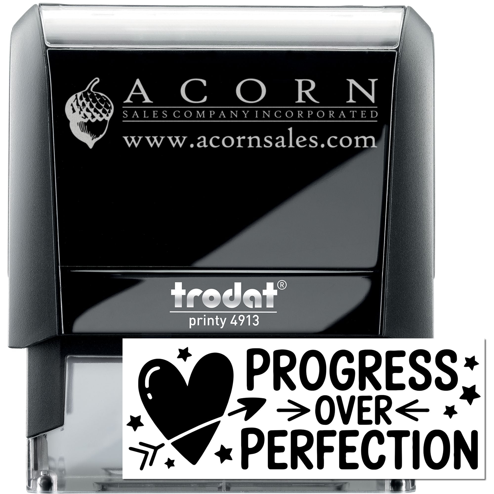 Custom self-inking rubber stamp, Trodat Printy 4913, with business logo and Progress Over Perfection imprint.