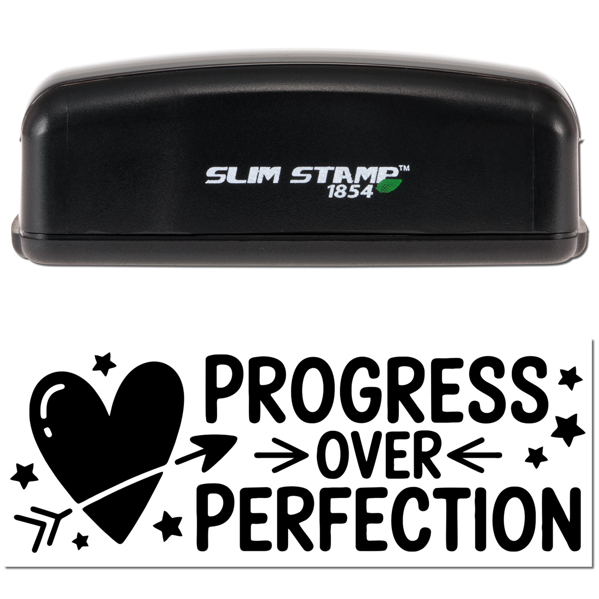 Slim Stamp 1854 self-inking rubber stamp with Progress Over Perfection design and heart icon for custom motivational stamping
