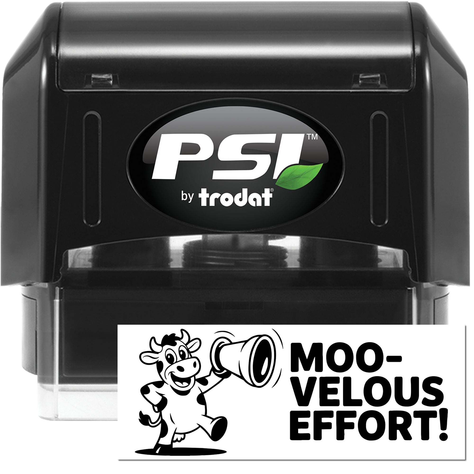 PSI by Trodat self-inking rubber stamp with cow graphic and Moo-velous Effort! imprint for grading and praise.