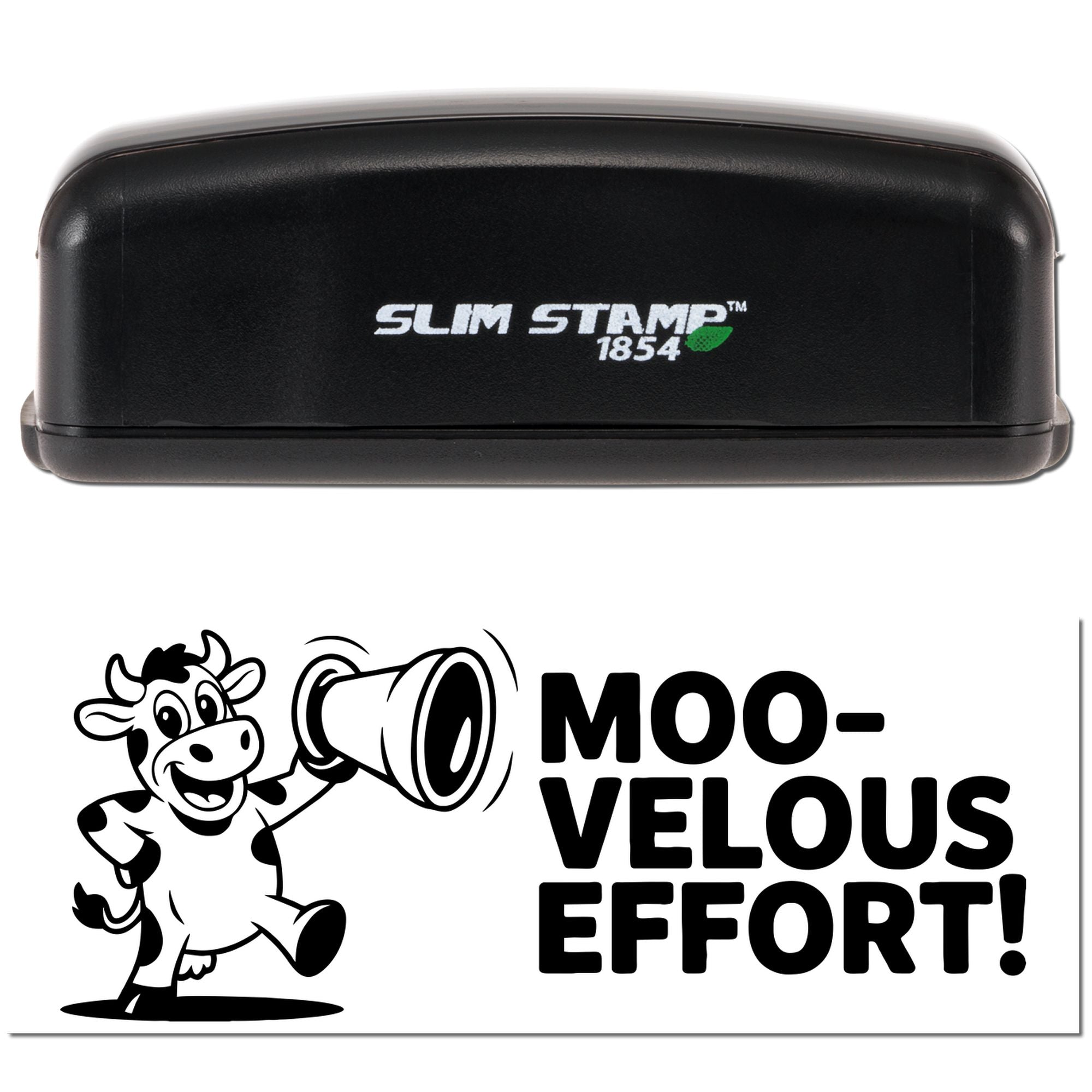 Slim Stamp 1854 self-inking rubber stamp with custom cow design and Moo-velous Effort! imprint
