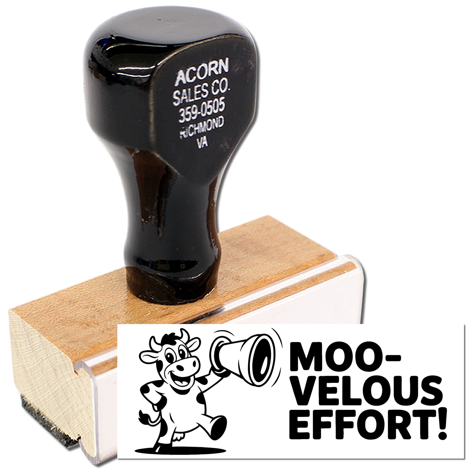 Custom wood handle rubber stamp with cow illustration and Moo-velous Effort! imprint for office or classroom use.