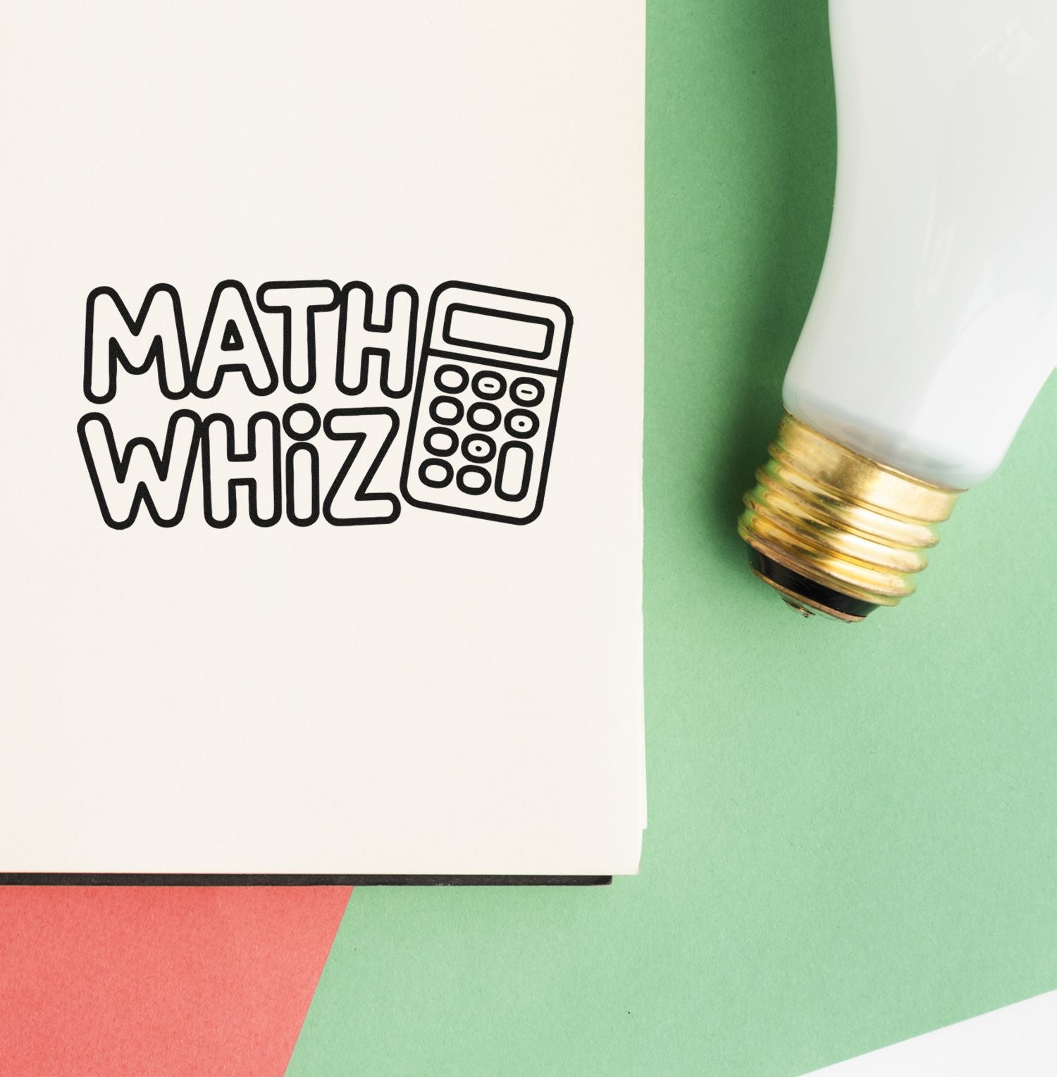 Math Whiz rubber stamp design with calculator icon, ideal for school, teacher, and math-themed crafts.