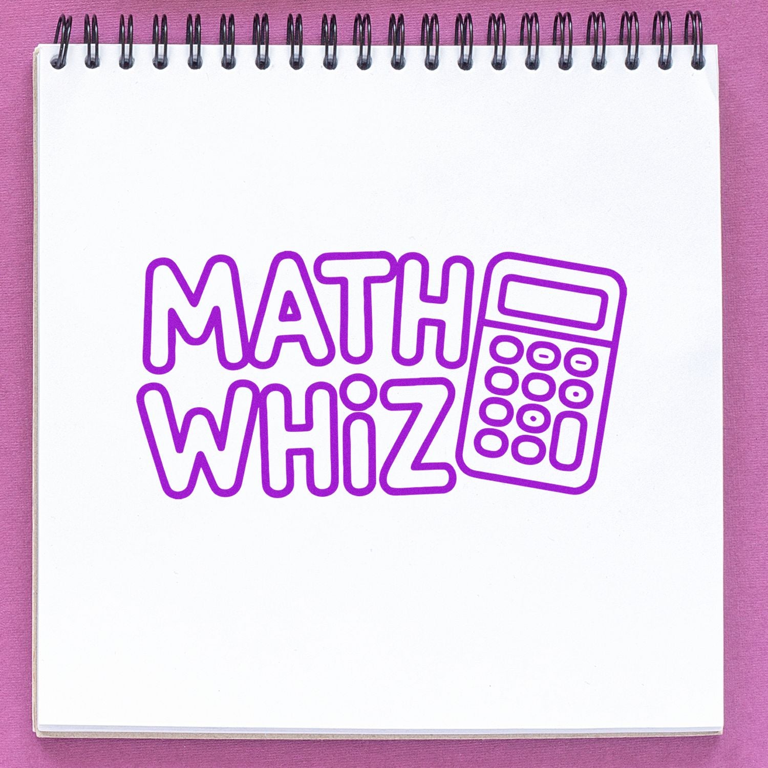 Math Whiz rubber stamp design with calculator icon, ideal for math-themed crafts, teacher rewards, and classroom projects.