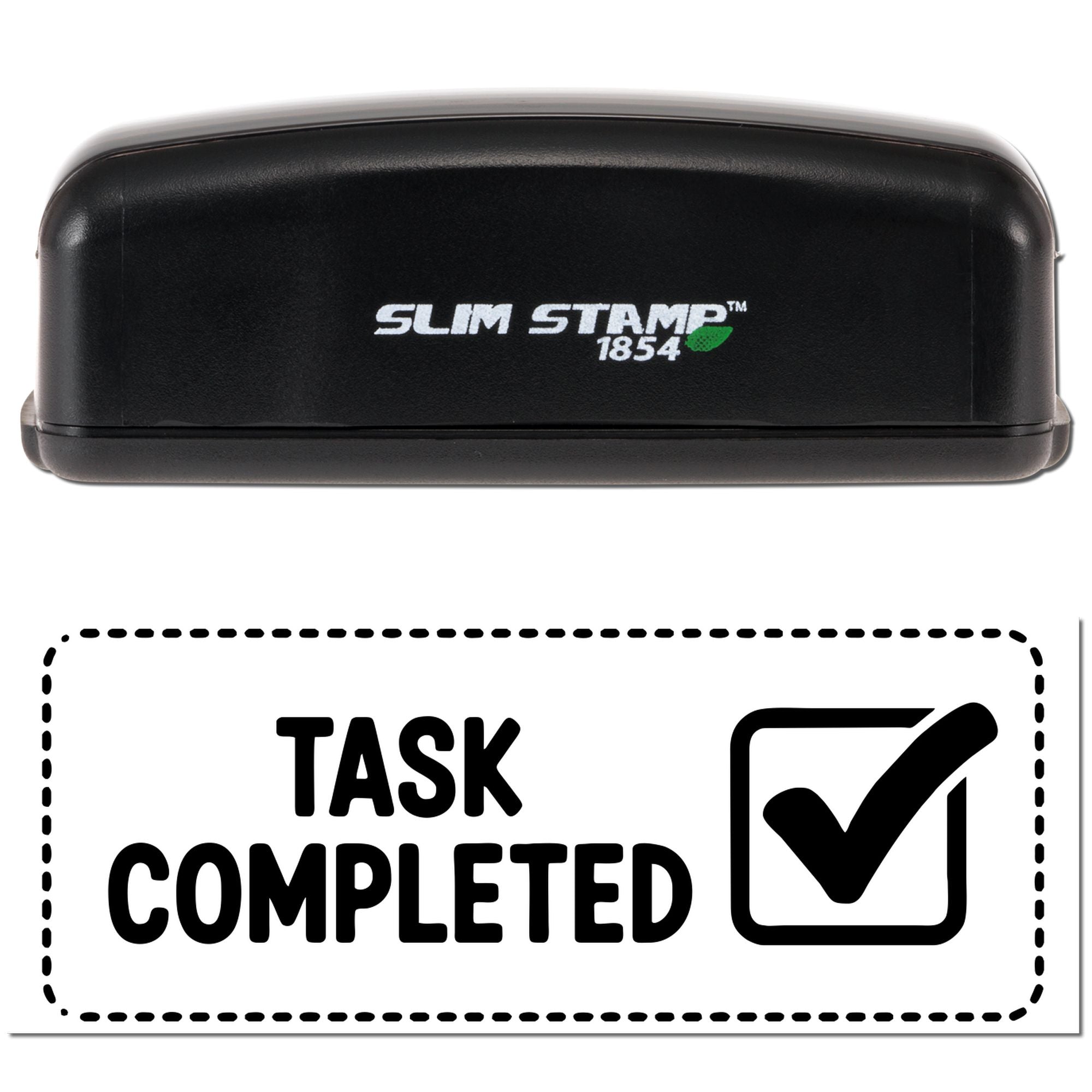 Slim Stamp 1854 rubber stamp imprint with Task Completed checkmark for office workflow, approval, and productivity marking.