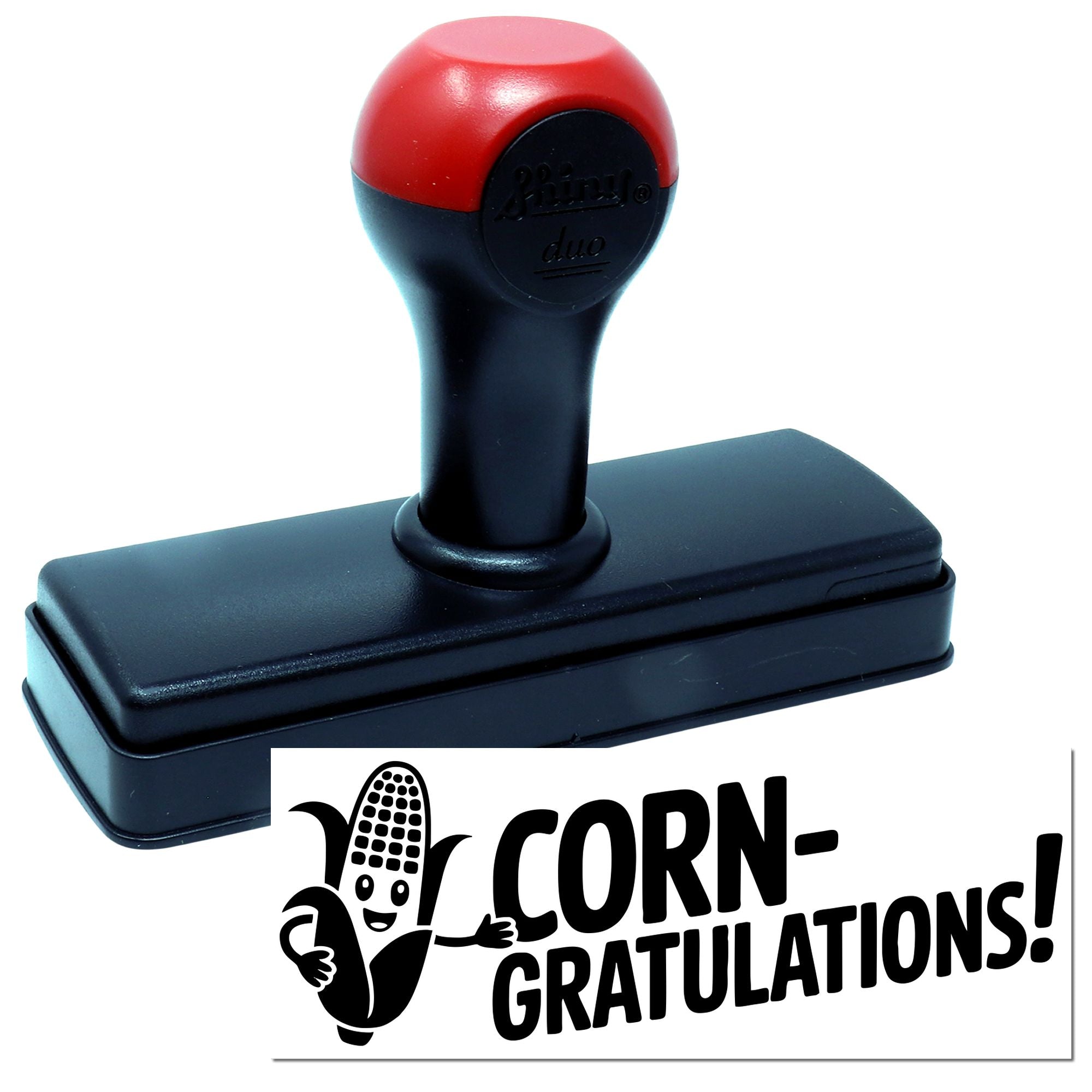 Self-inking rubber stamp with Corn-gratulations! design for novelty congratulations and custom office stamping.