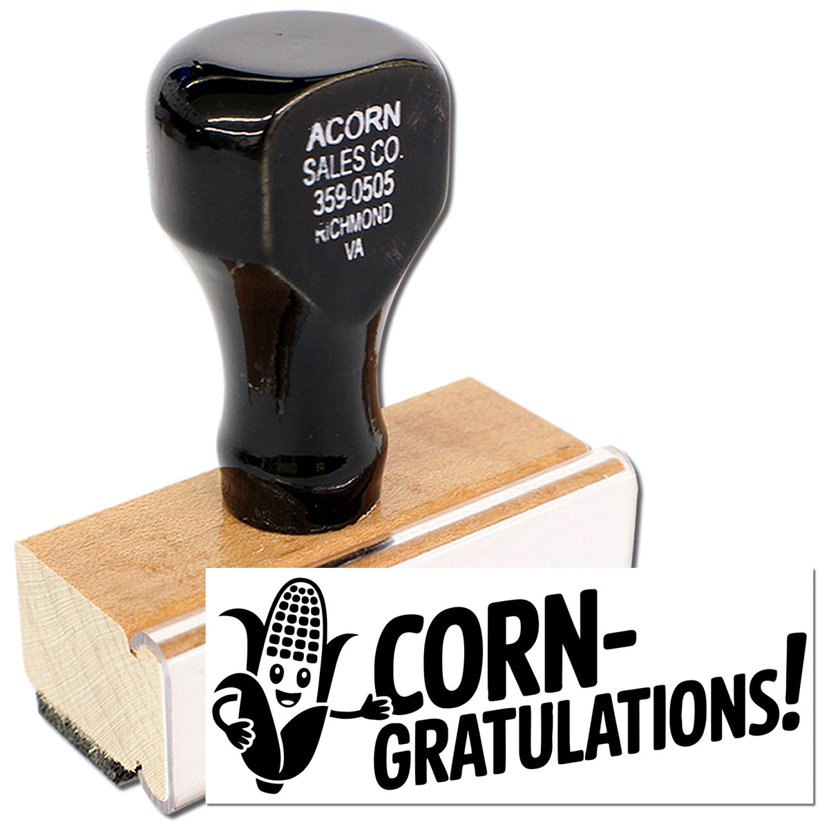 Custom wood-mounted rubber stamp featuring a corn-gratulations design for farm, harvest, and celebration mailings.