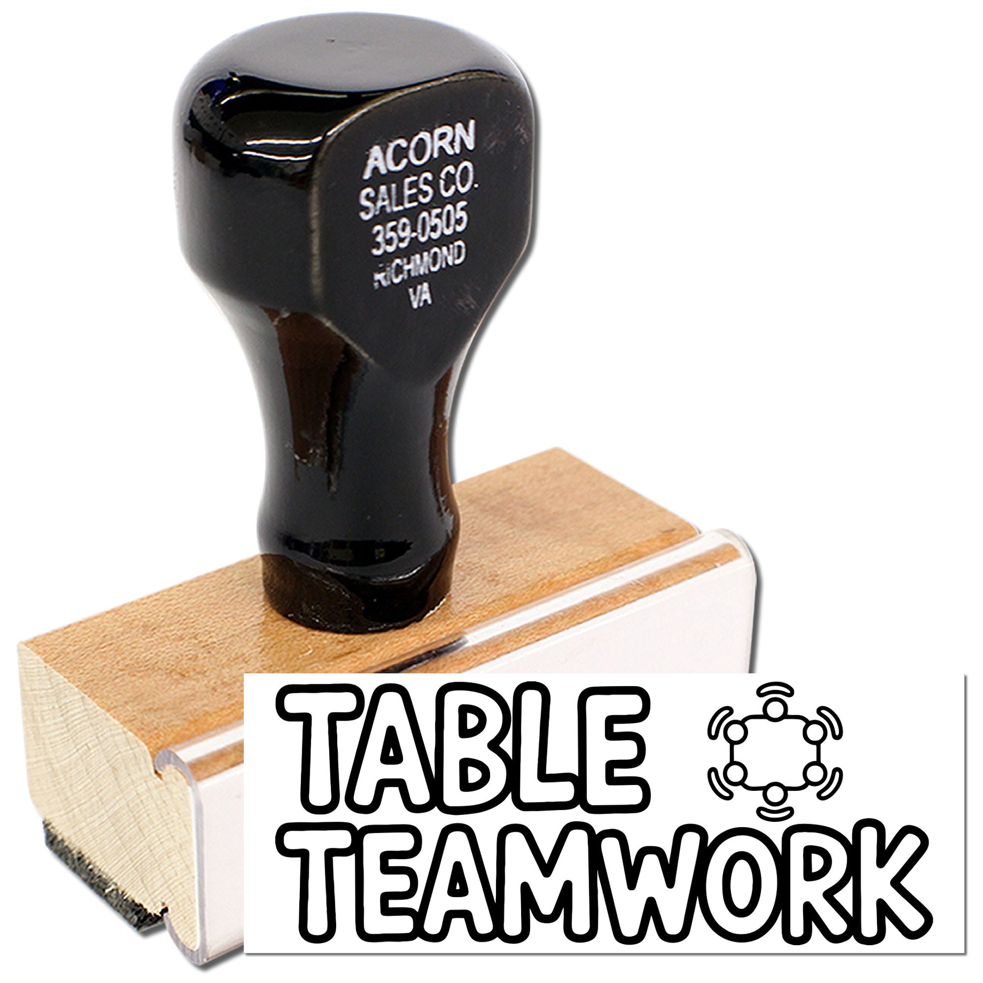 Personalized rubber stamp with wood handle, featuring Table Teamwork design for office or event use.