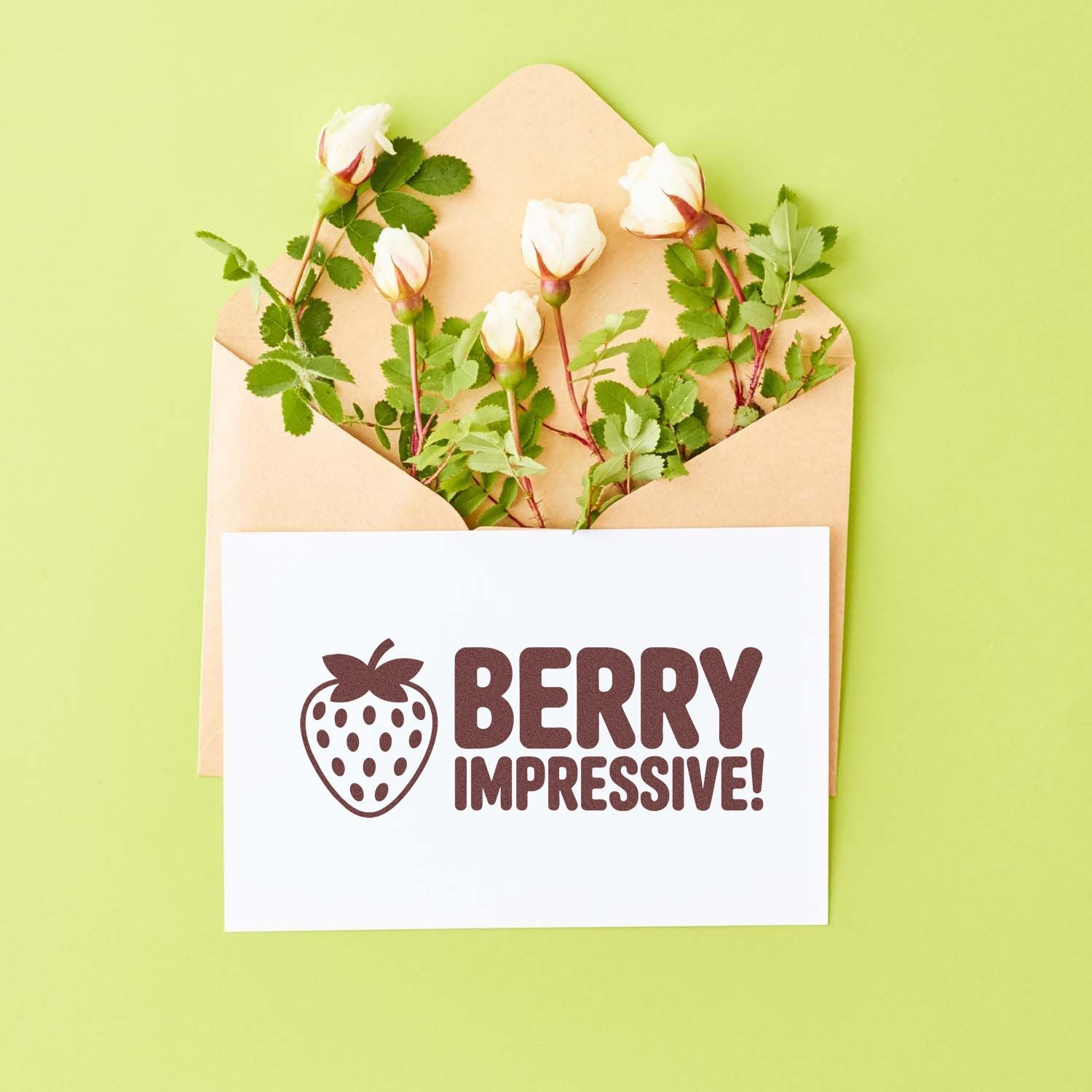 Berry Impressive! strawberry rubber stamp on a card in a flower-filled envelope, ideal for handmade greeting cards.