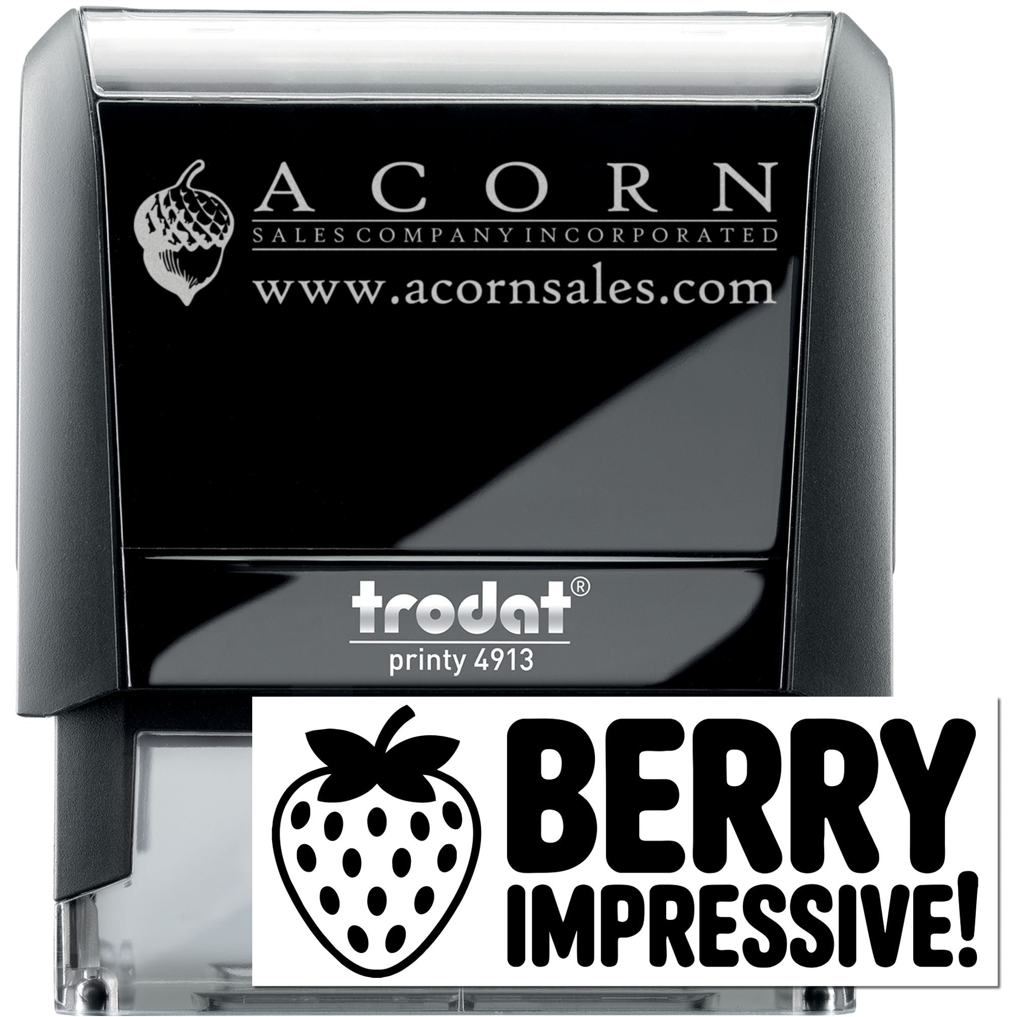 Custom self-inking rubber stamp with Acorn Sales logo, website and Berry Impressive! strawberry design, Trodat Printy 4913.