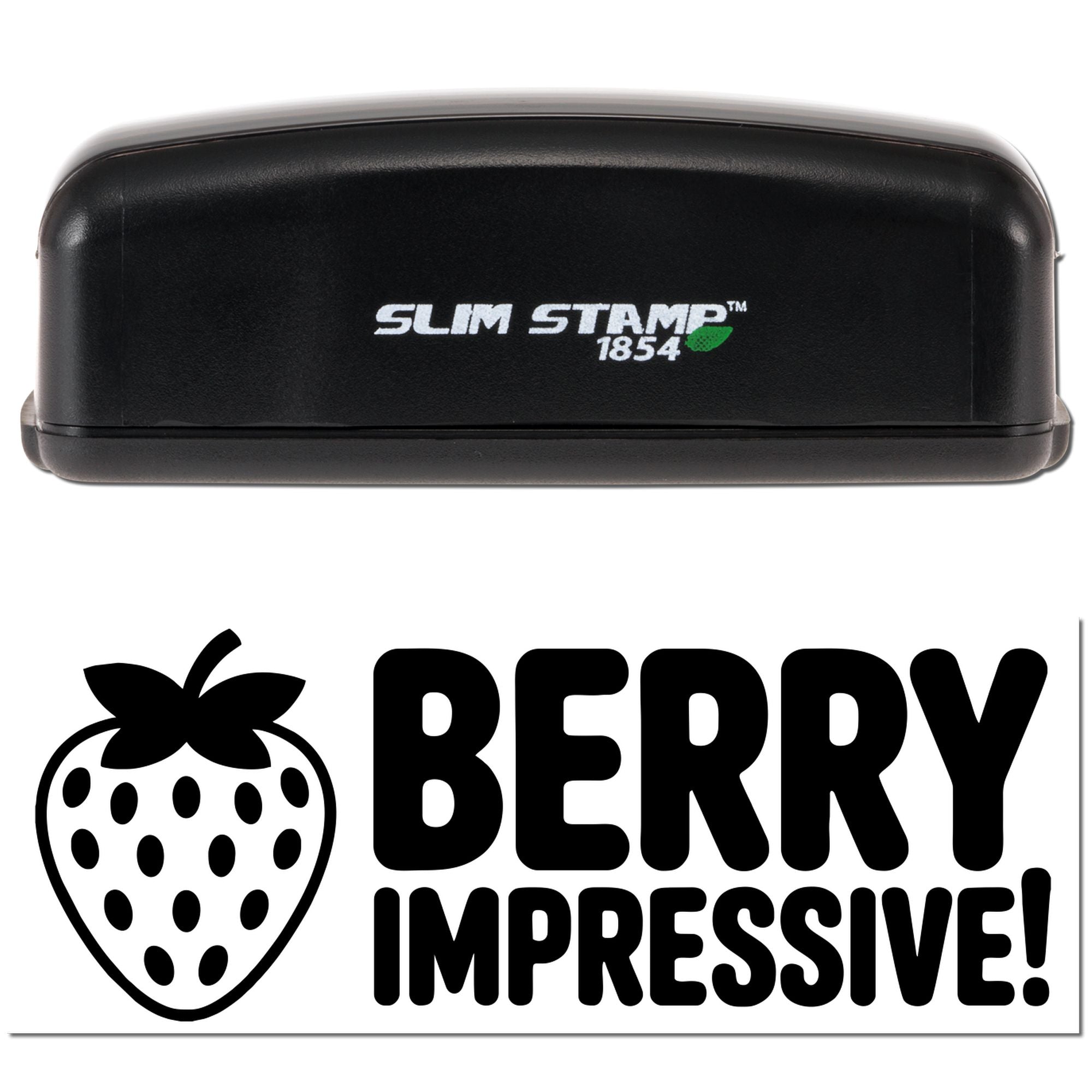 Slim Stamp 1854 rubber stamp with strawberry icon and Berry Impressive! message for product packaging and crafts.
