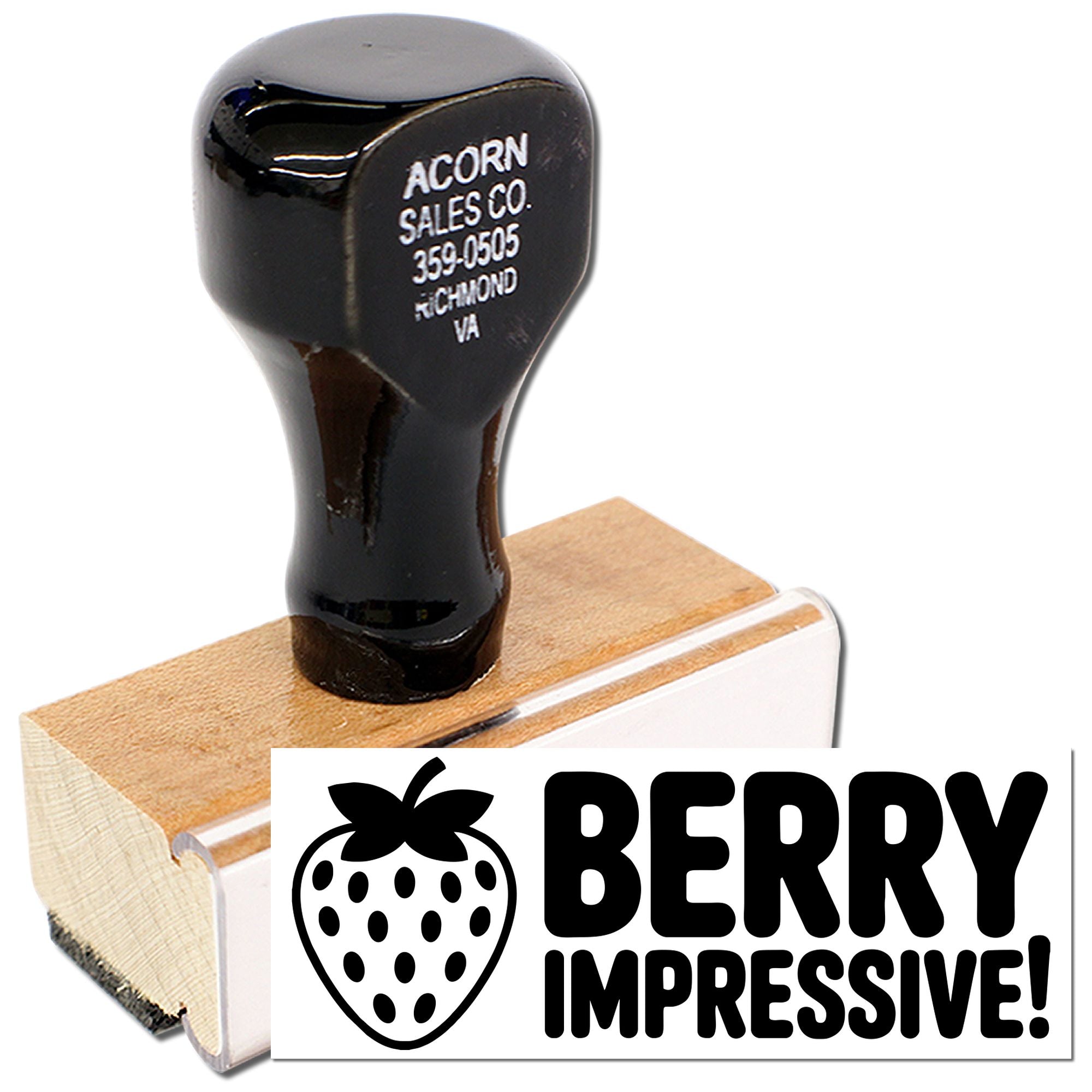Personalized rubber address stamp with berry graphic, ideal for custom packaging, branding, and small business mailings.