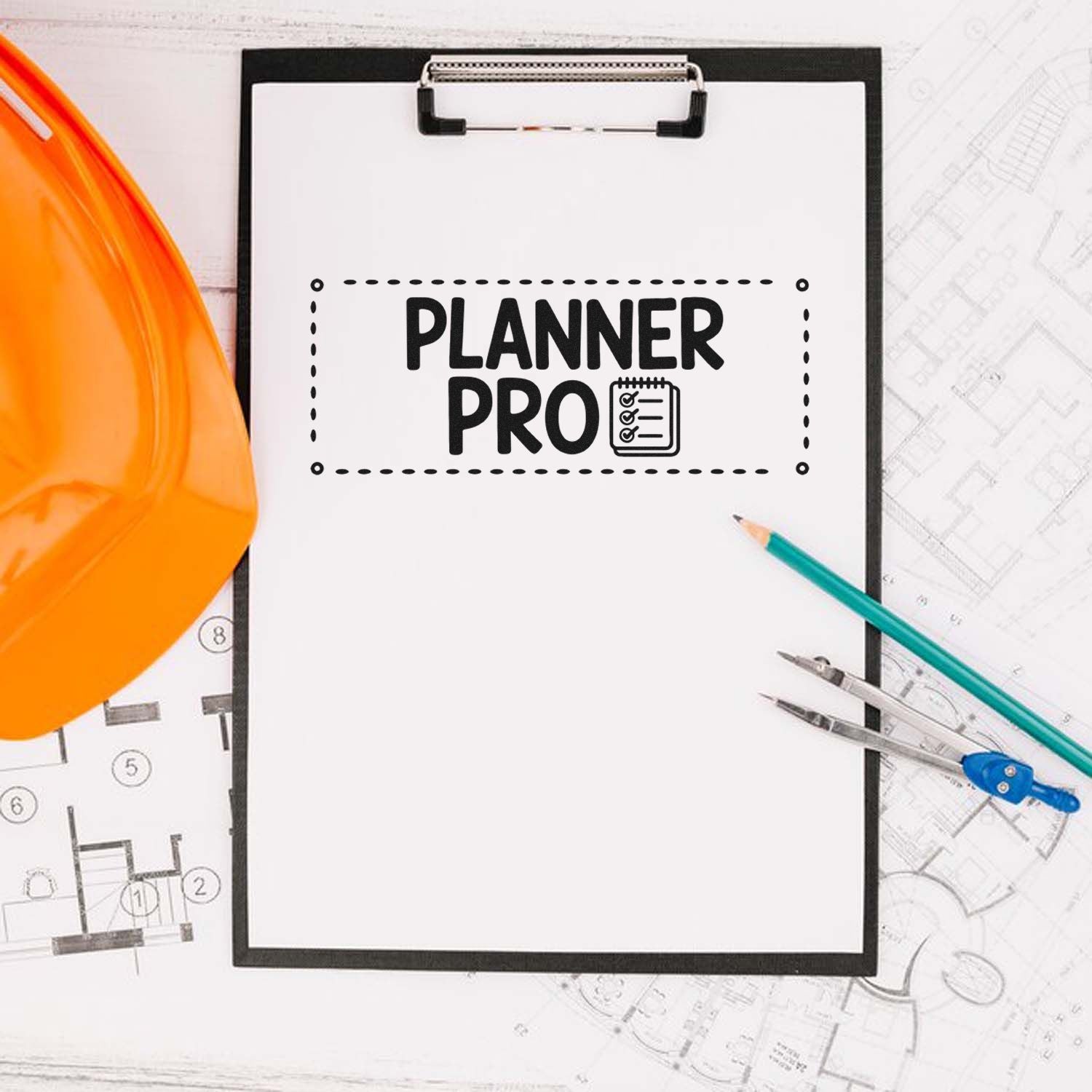 Planner Pro rubber stamp imprint on clipboard, ideal for planner organization, schedule tracking, and productivity labels.