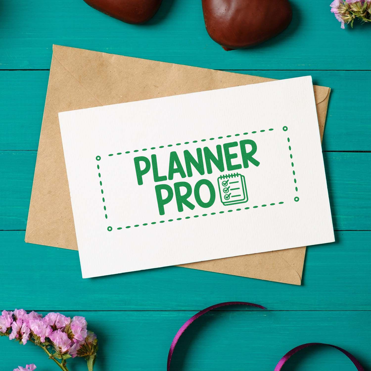 Planner Pro rubber stamp design on a card and envelope, perfect for custom stationery, planners, and craft branding.