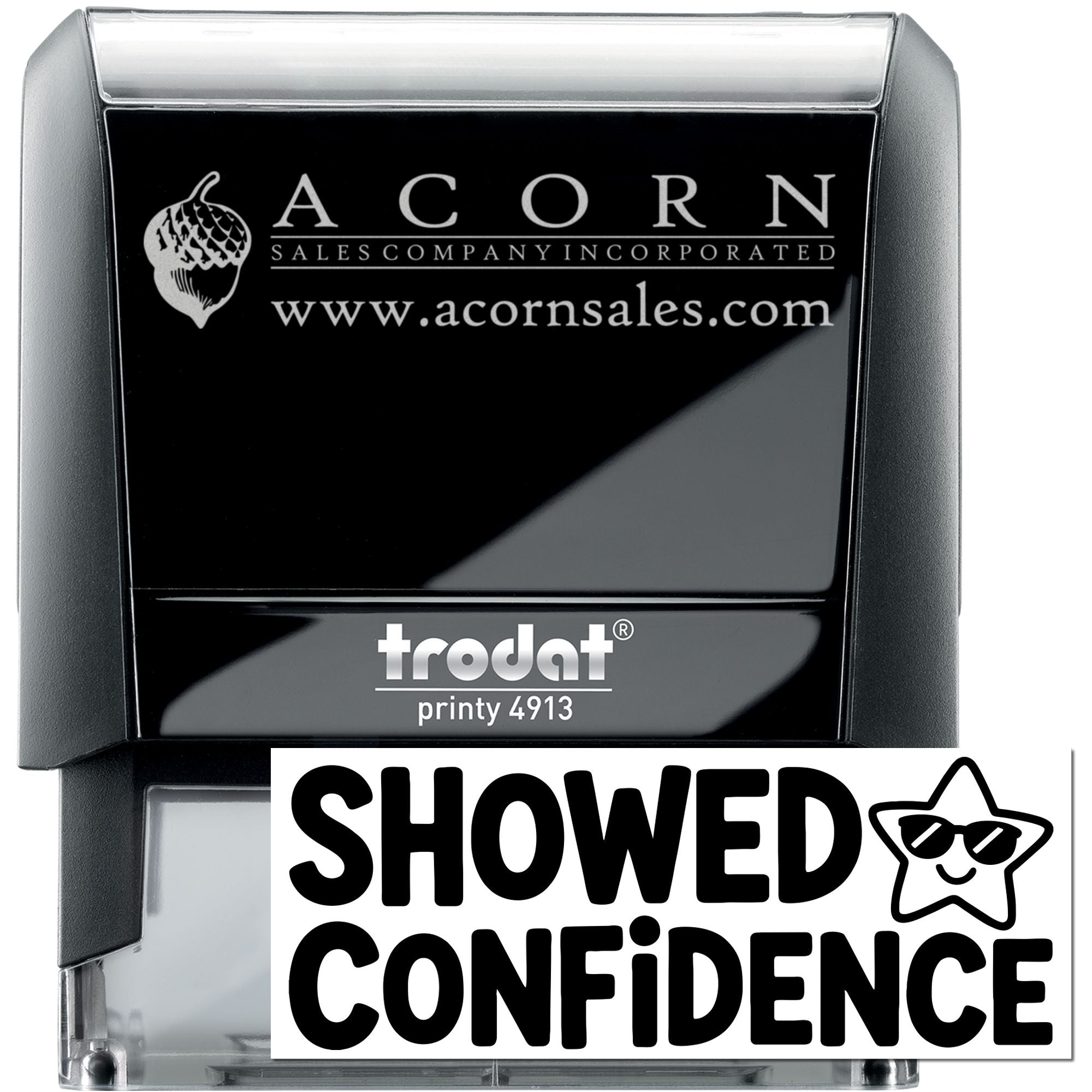 Custom Trodat self-inking rubber stamp for Acorn Sales Company with logo, website, and Showed Confidence imprint.