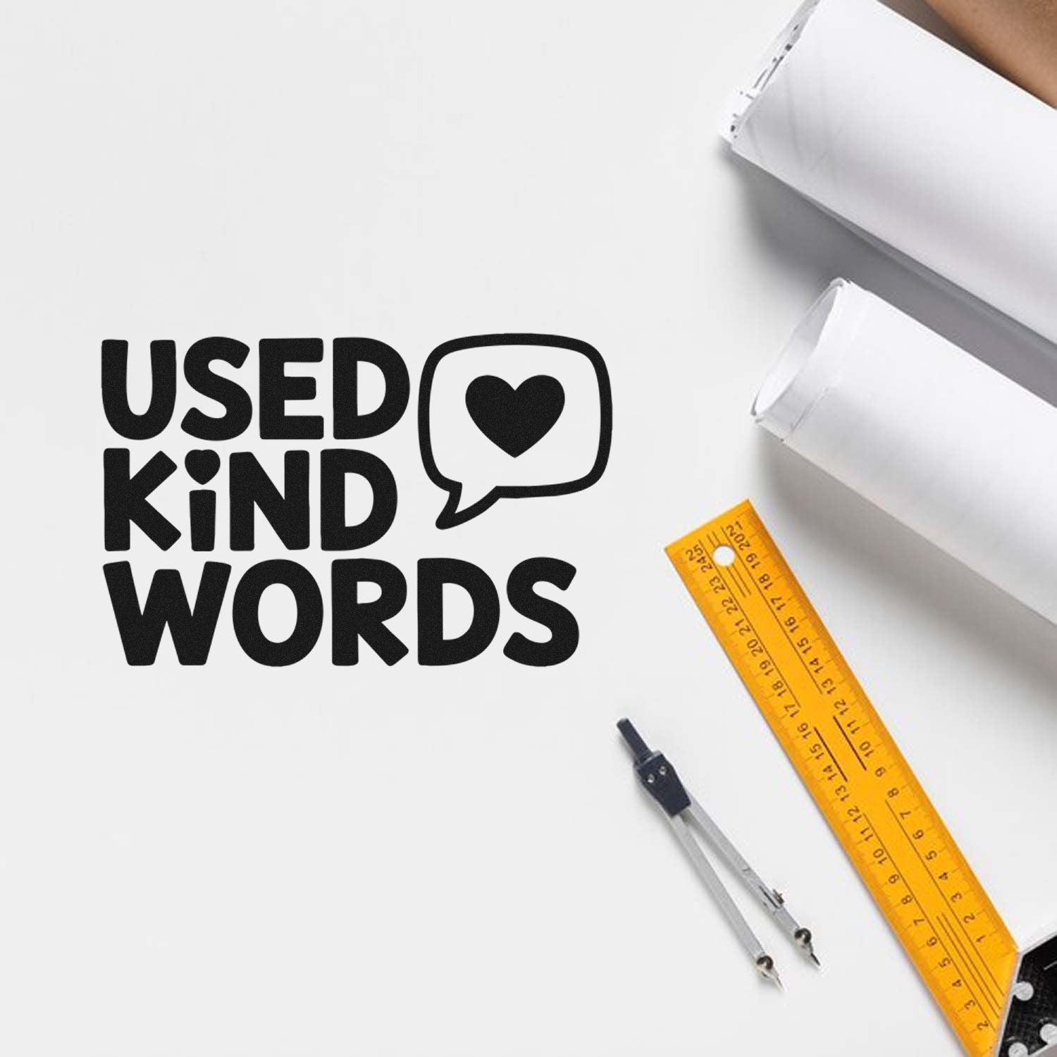 Used Kind Words rubber stamp design with heart speech bubble, ideal for custom stationery, packaging, and branding.