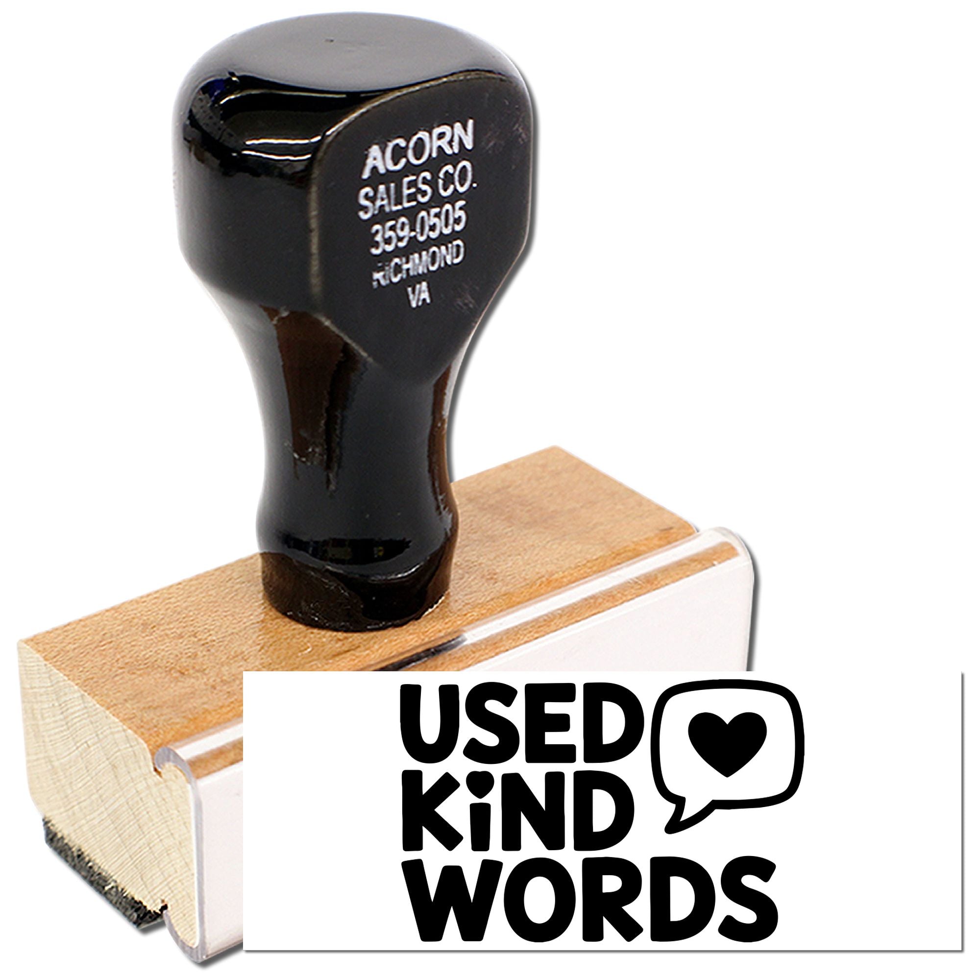 Self-inking custom rubber stamp with Used Kind Words imprint for kindness-themed stationery, packaging, and branding.