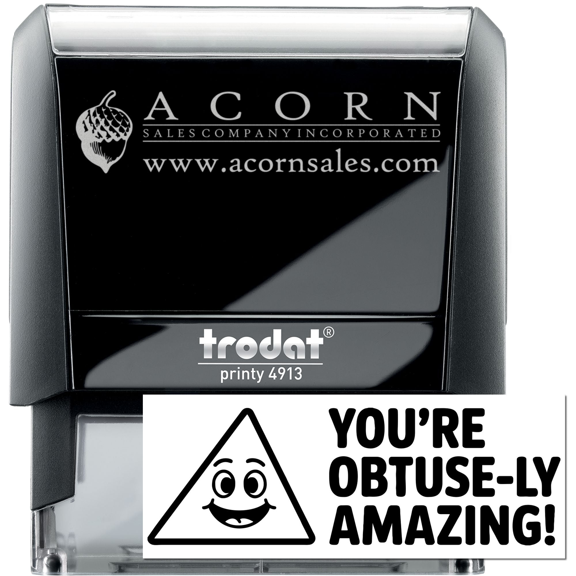Custom self-inking rubber stamp with Acorn Sales Company logo and website for business branding and mailing use