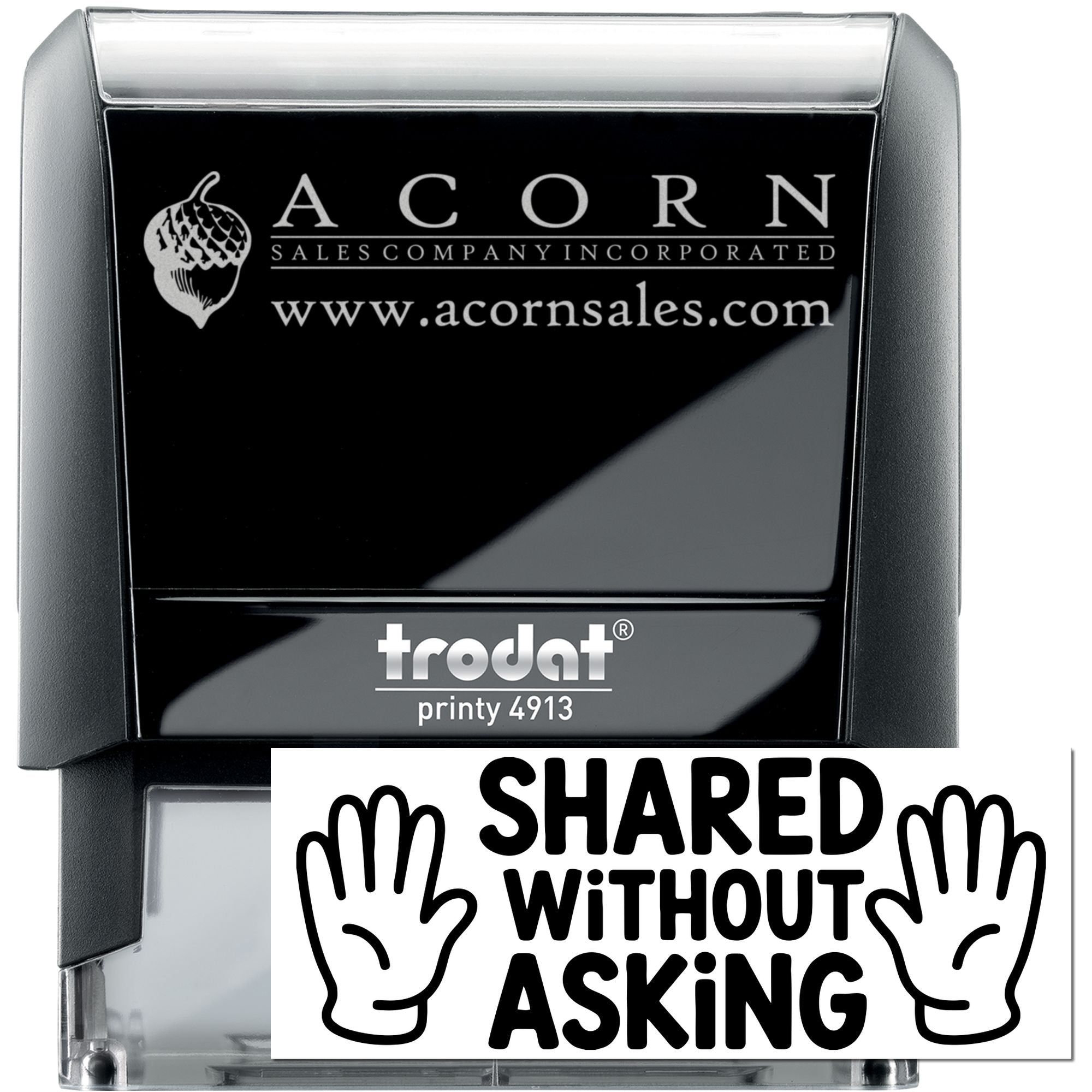 Custom self-inking rubber stamp, Trodat Printy 4913, with Acorn Sales Company logo and website.