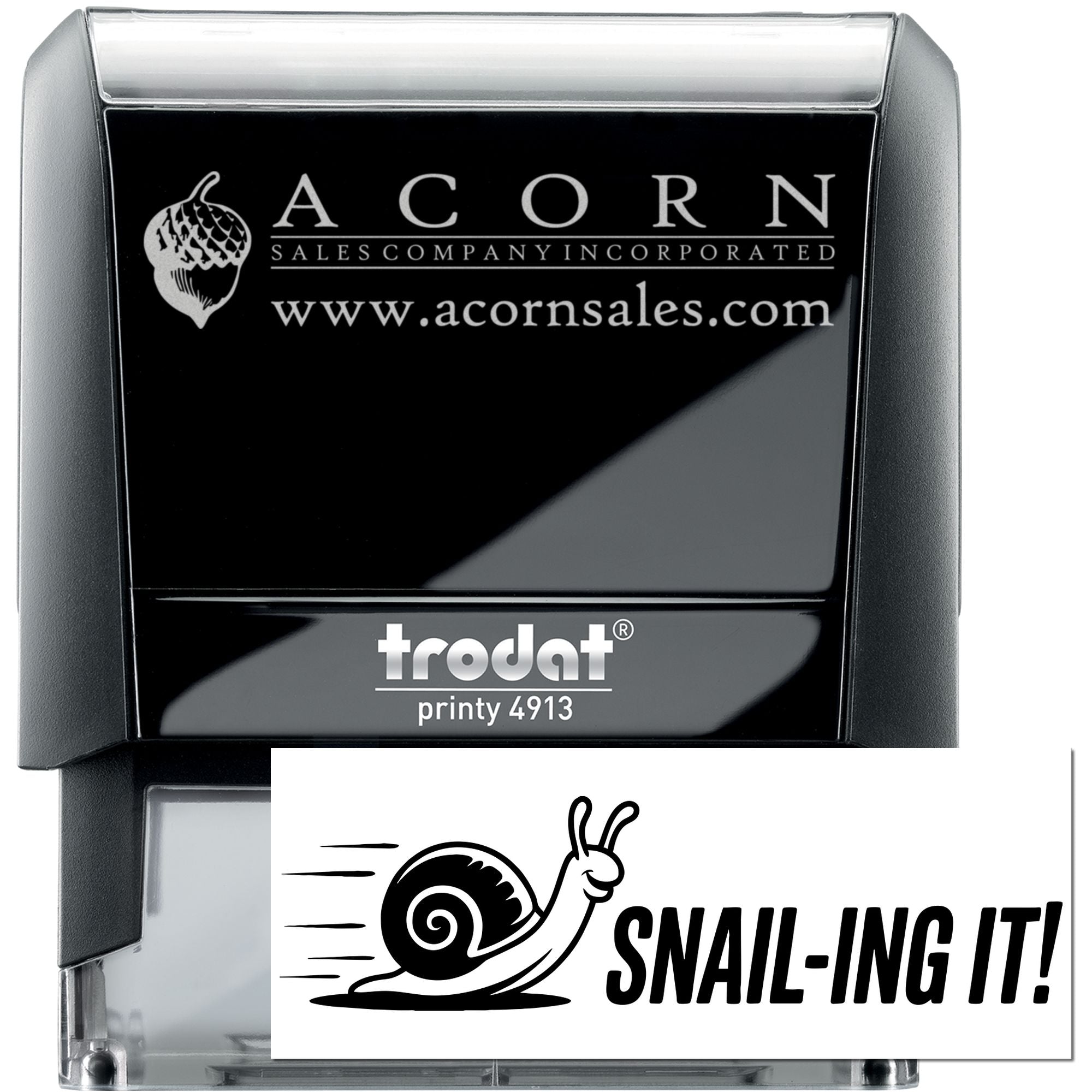 Custom self-inking rubber stamp with Acorn Sales logo and snail-ing it design, Trodat Printy 4913 for business branding.