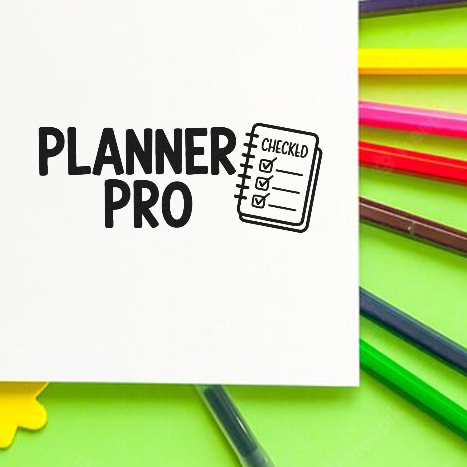 Planner Pro rubber stamp with checklist notebook design for planner organization and productivity.