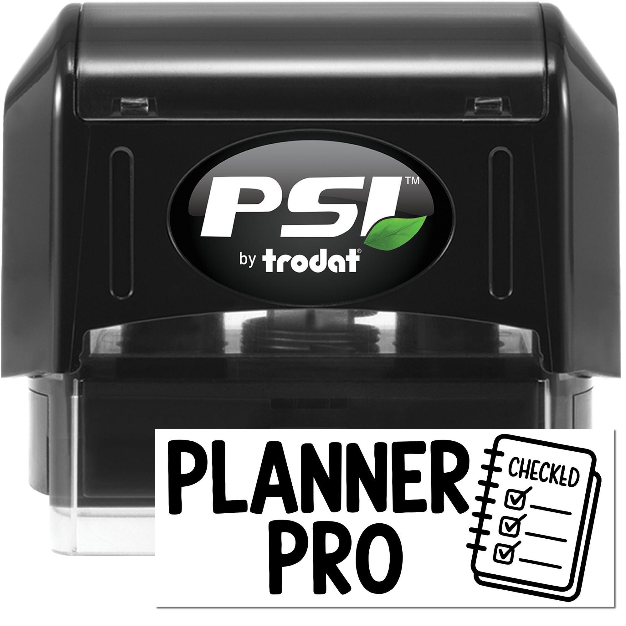PSI by Trodat self-inking rubber stamp with Planner Pro checklist design for planner organization and productivity.