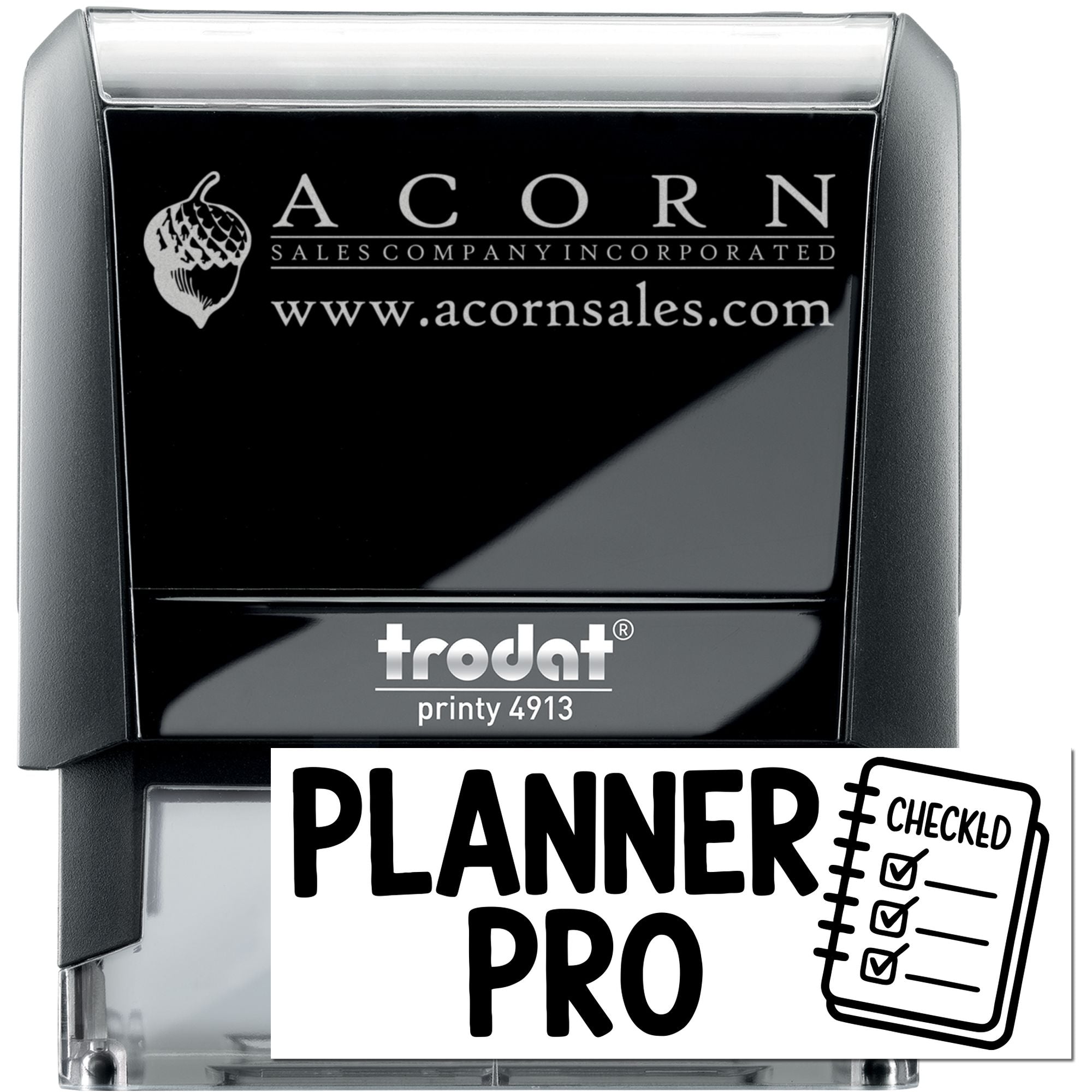 Custom self-inking rubber stamp, Trodat Printy 4913, for Acorn Sales Company with logo, website, and Planner Pro design.