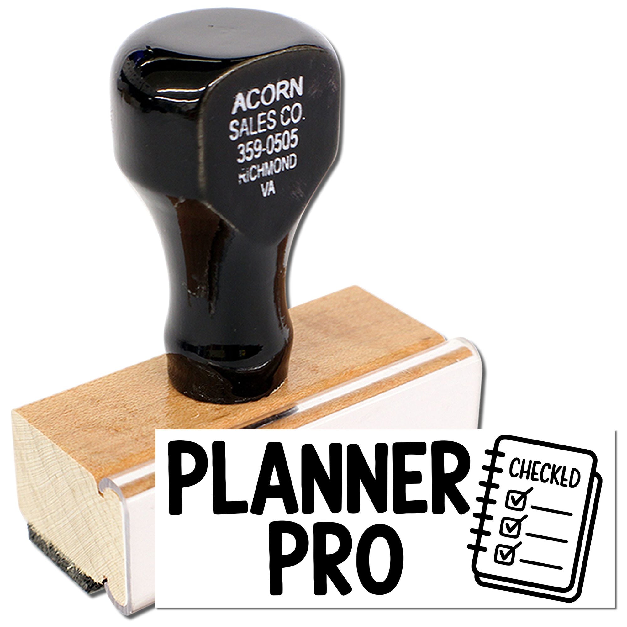 Custom rubber stamp with business address, shown on wood mount with Planner Pro logo for office and planner use.