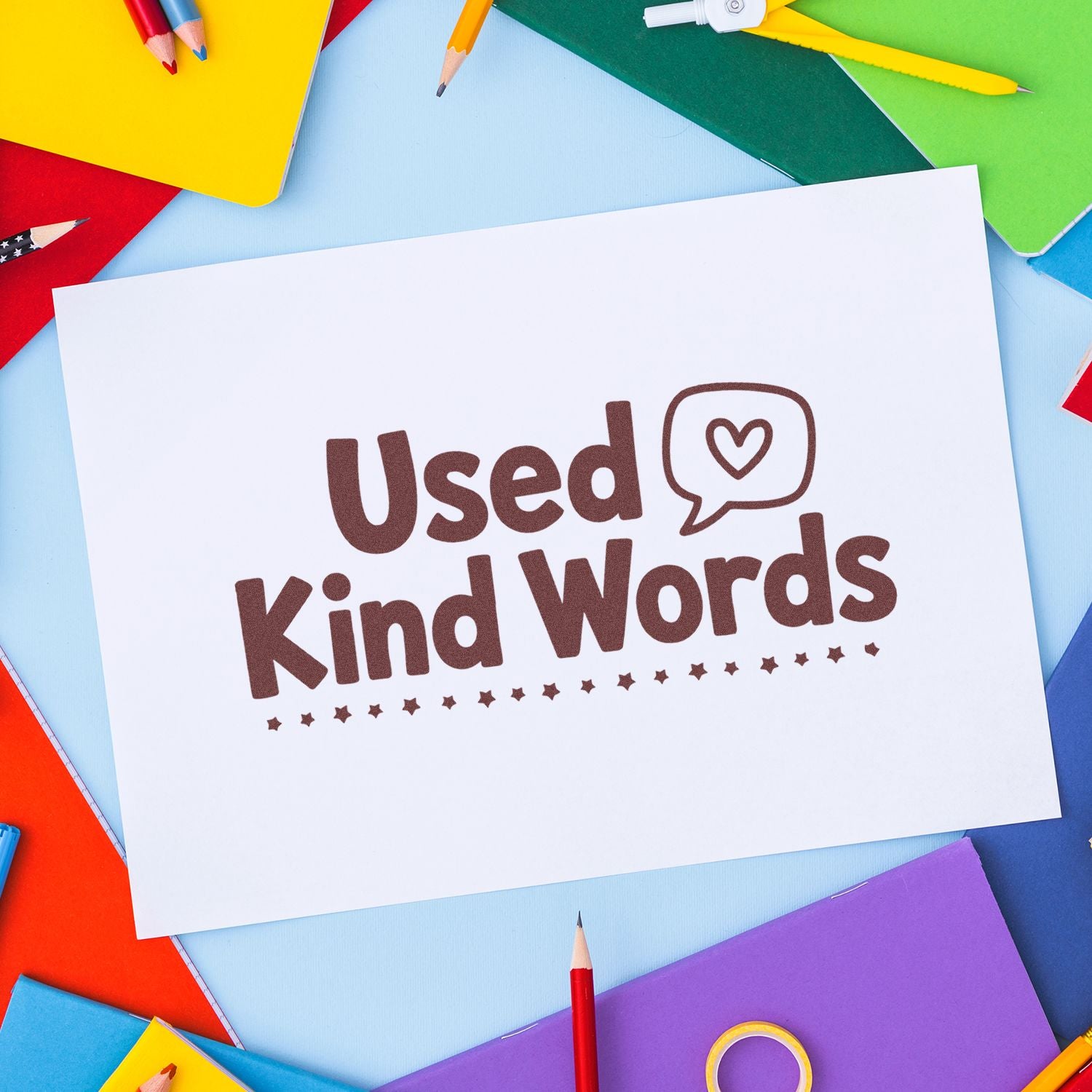 Used Kind Words rubber stamp design for teachers, featuring a heart speech bubble and positive classroom messaging.