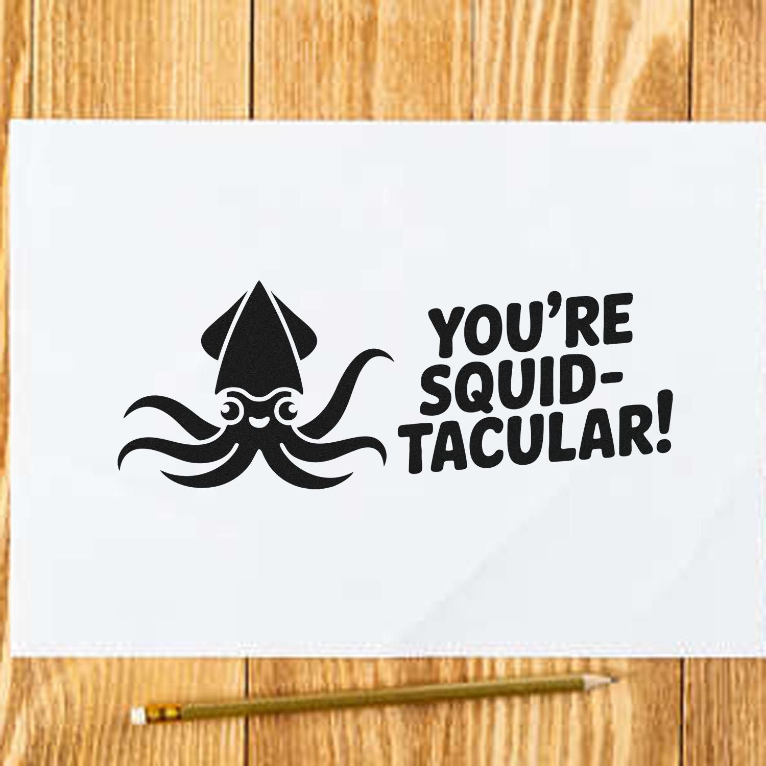 Squid-tacular rubber stamp design with cute squid pun for ocean-themed crafting, cards, and scrapbooking.