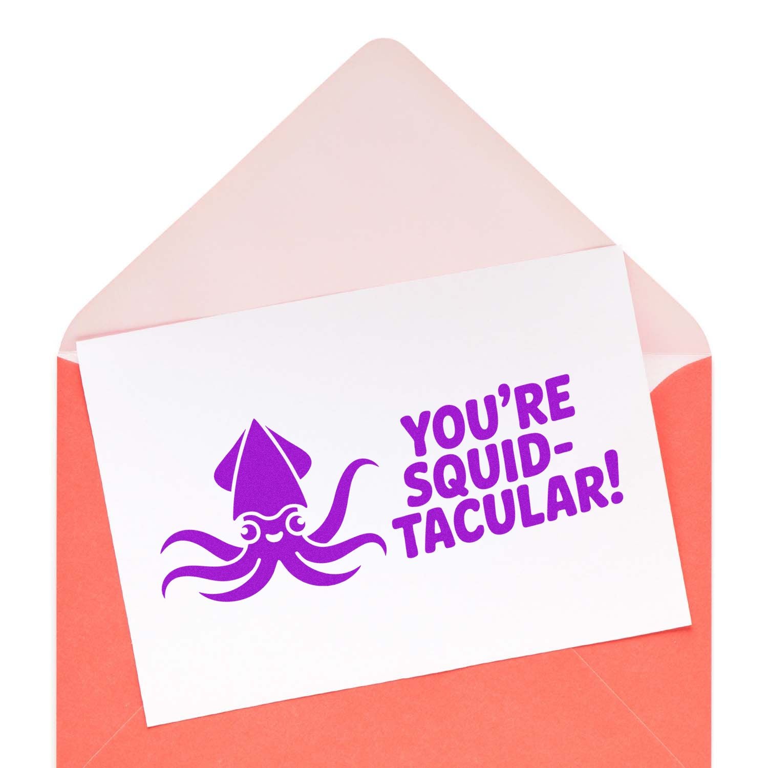 Squid-tacular rubber stamp design with cute squid graphic for ocean-themed greeting cards and handmade notes.
