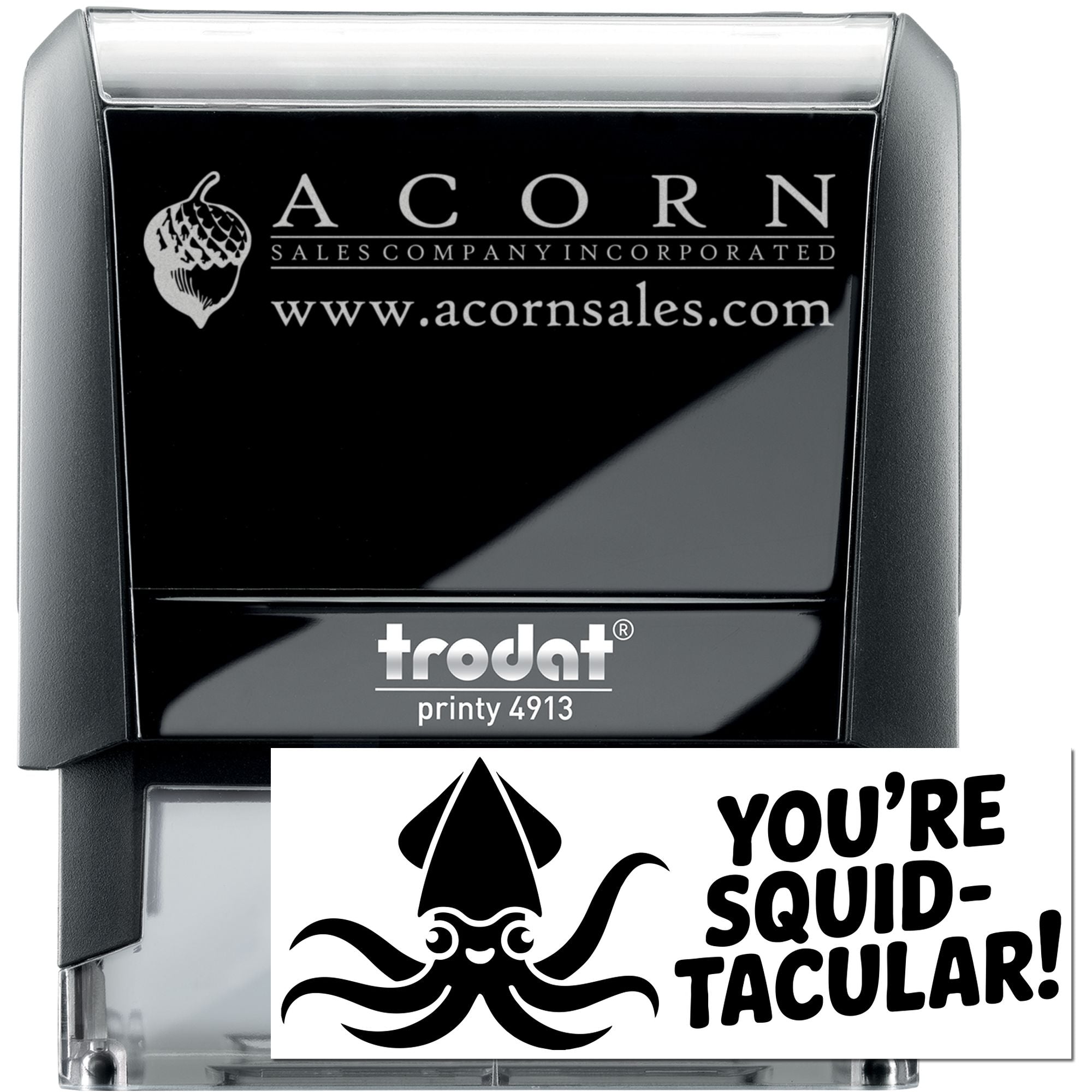 Custom self-inking rubber stamp, Trodat Printy 4913, with logo and squid-themed imprint example for business branding.