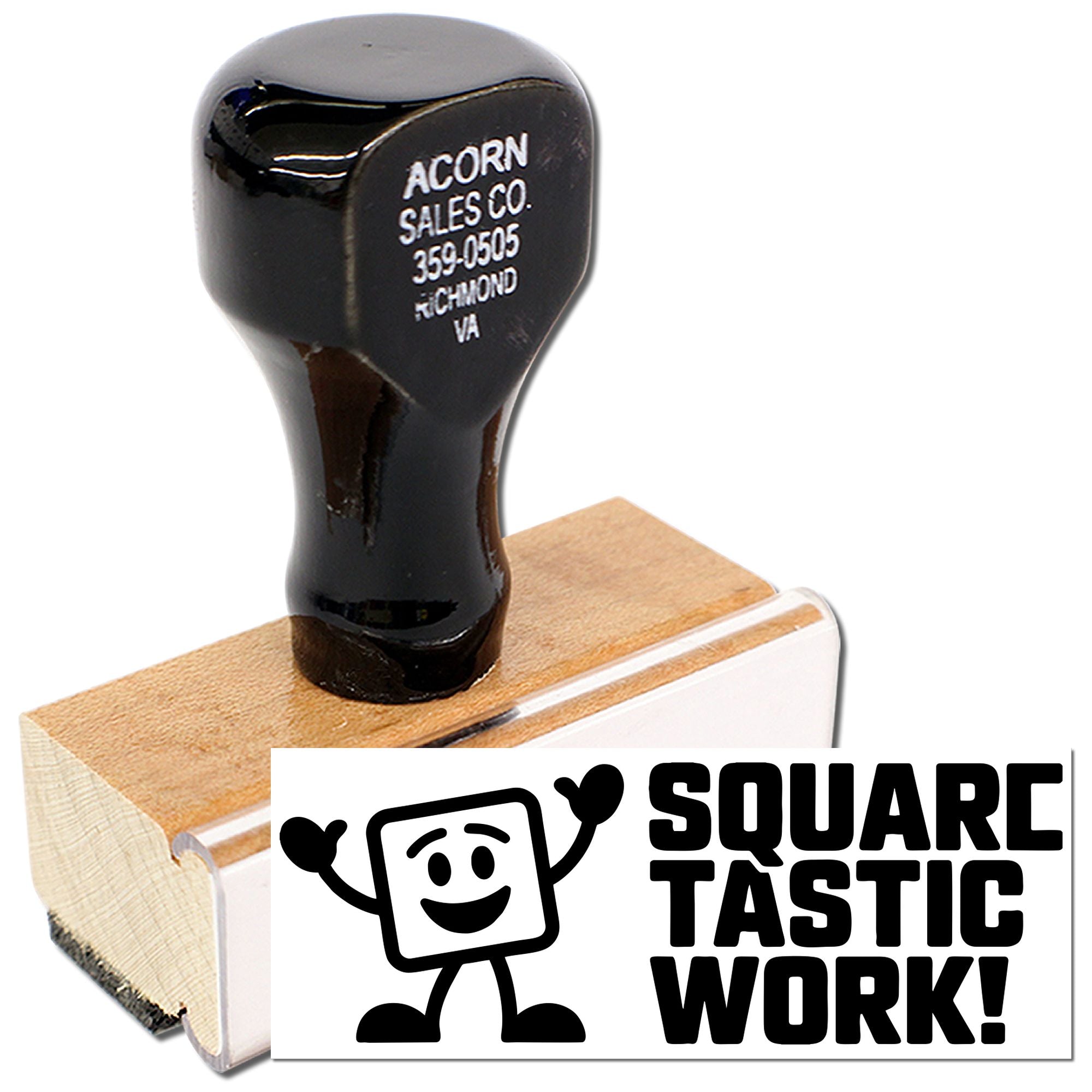 Custom rubber stamp featuring Square Tastic Work logo, ideal for branding handmade products and business packaging.