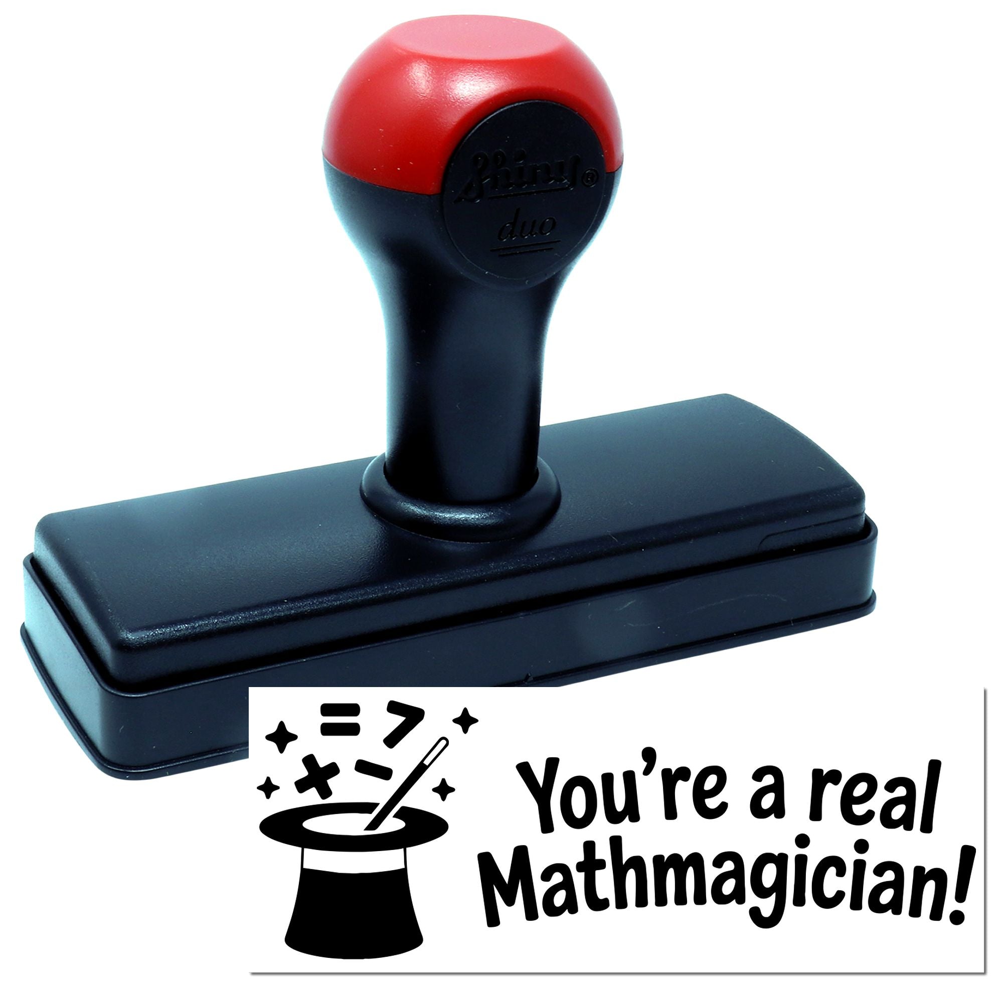 Self-inking rubber stamp with Youre a real Mathmagician! impression for classroom rewards and math teacher praise.