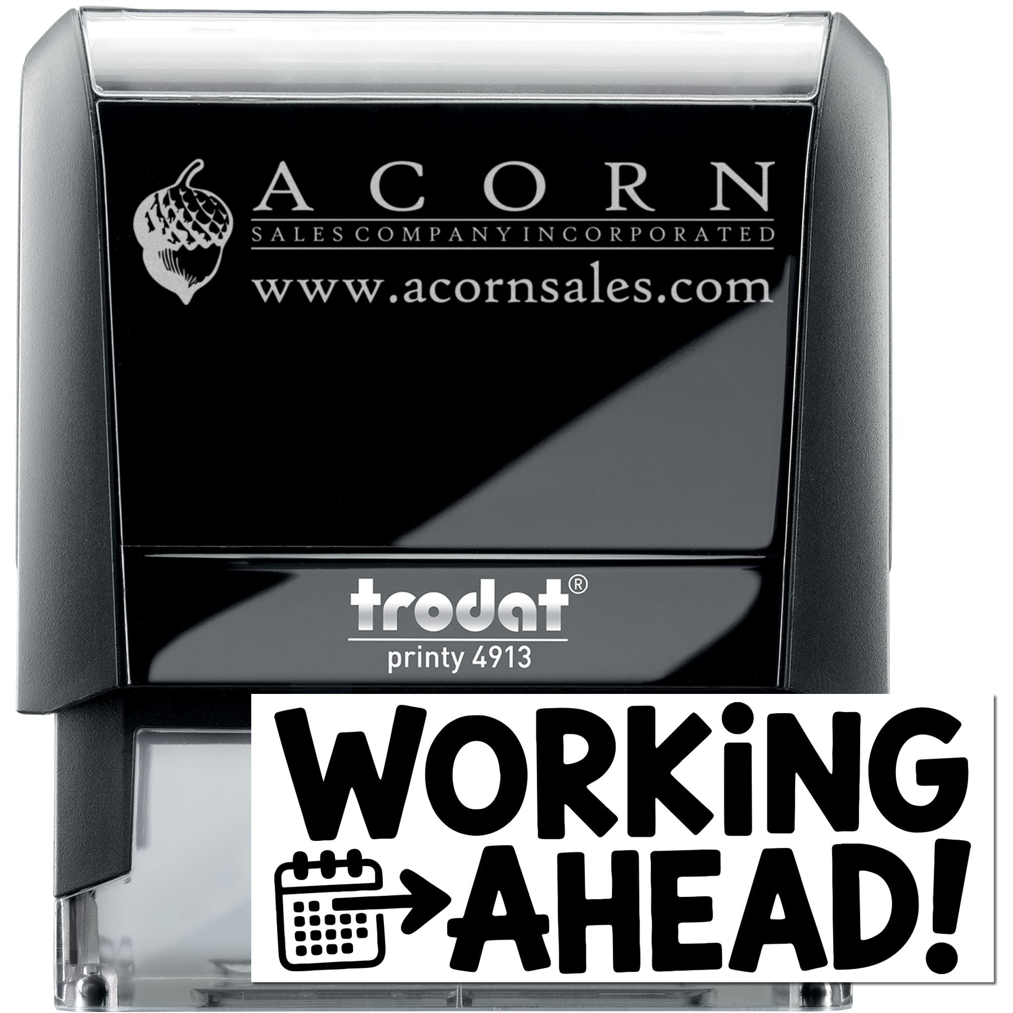 Trodat Printy 4913 self-inking custom rubber stamp for Acorn Sales with logo, website, and business imprint