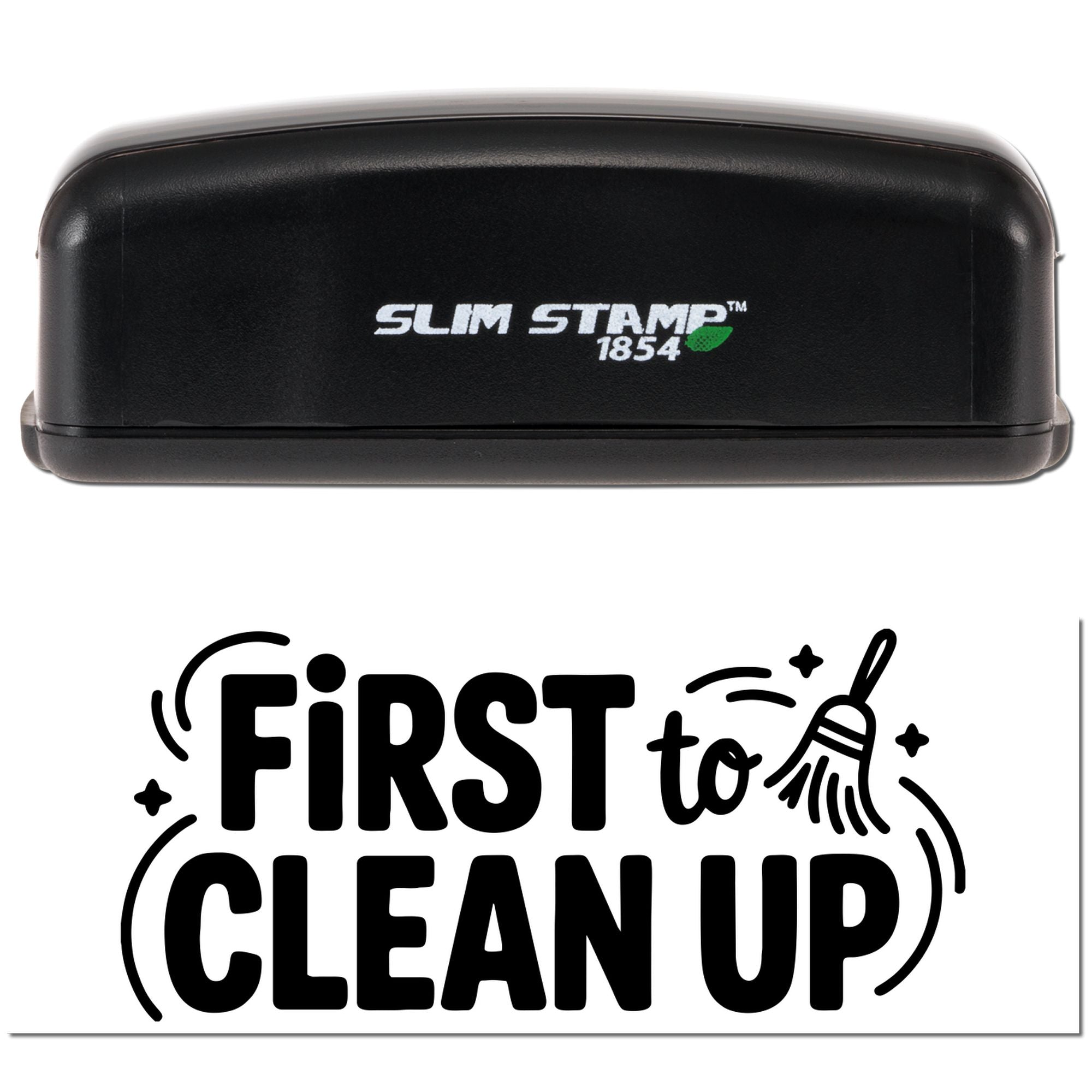 Slim Stamp rubber stamp with First Clean Up broom design for milestone stamping, scrapbooking, and planners.